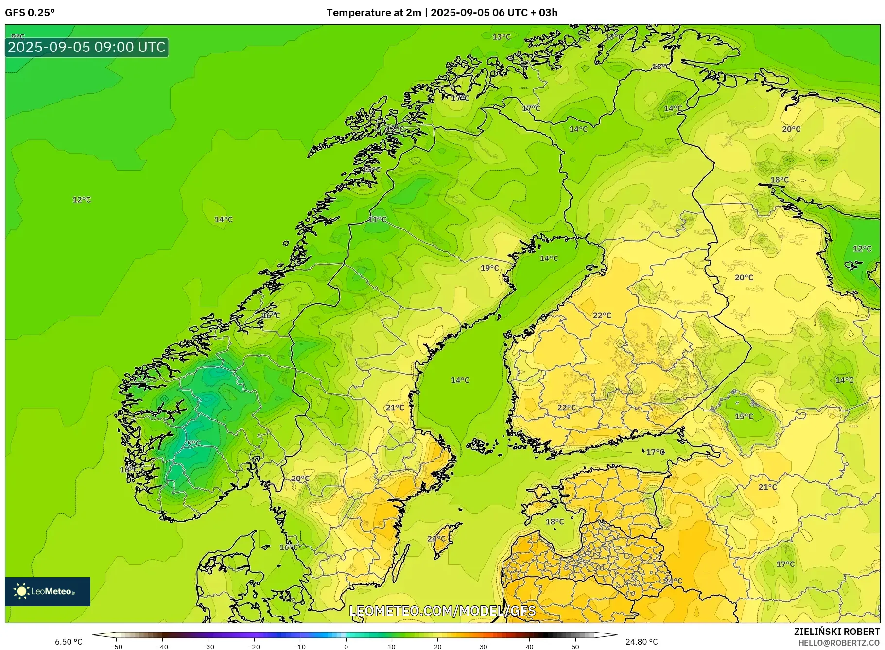 GFS model - Scandinavia, Temperature at 2m GFS model - Scandinavia, Temperature at 2m