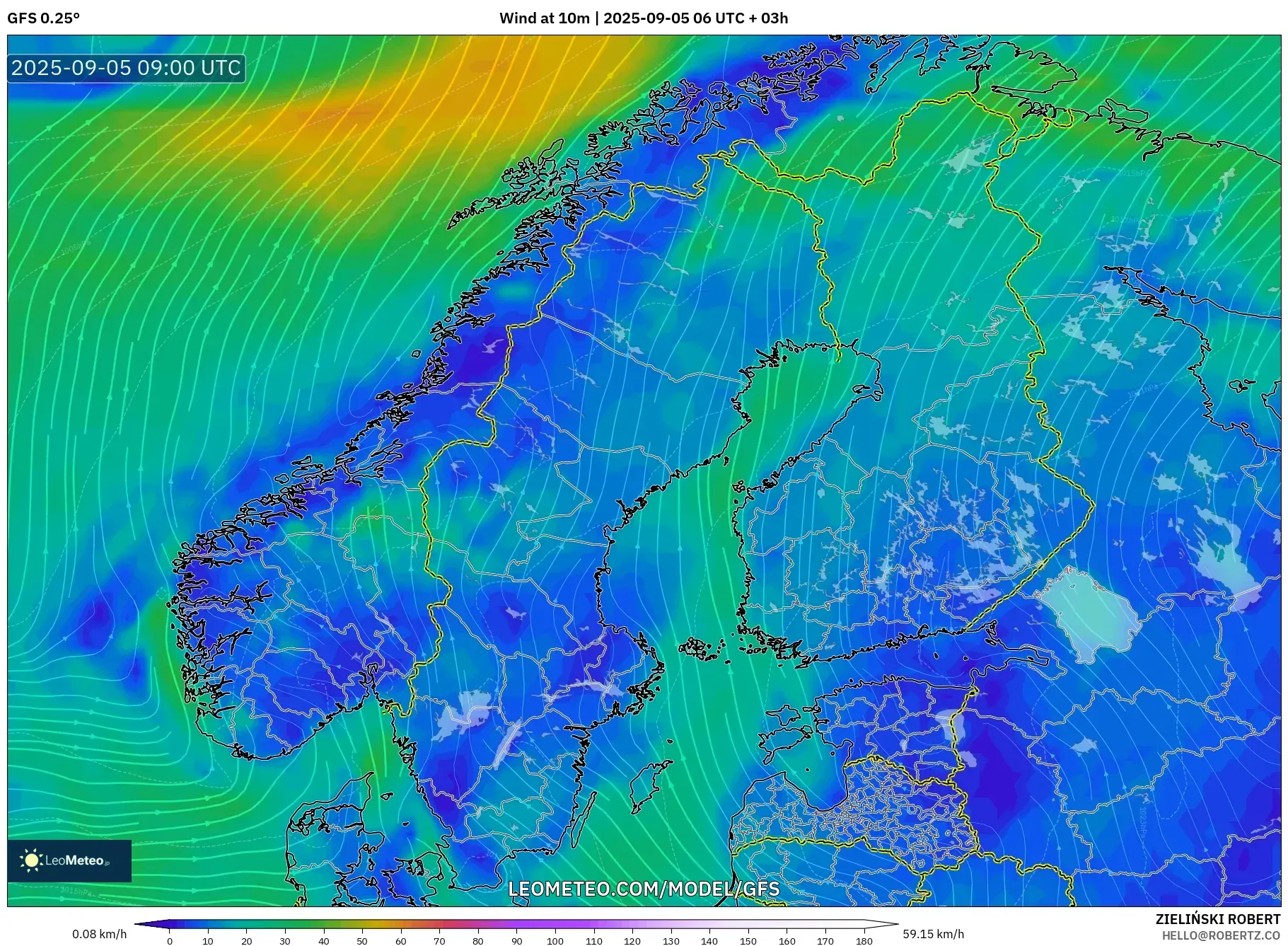 GFS model - Scandinavia, Wind at 10m GFS model - Scandinavia, Wind at 10m