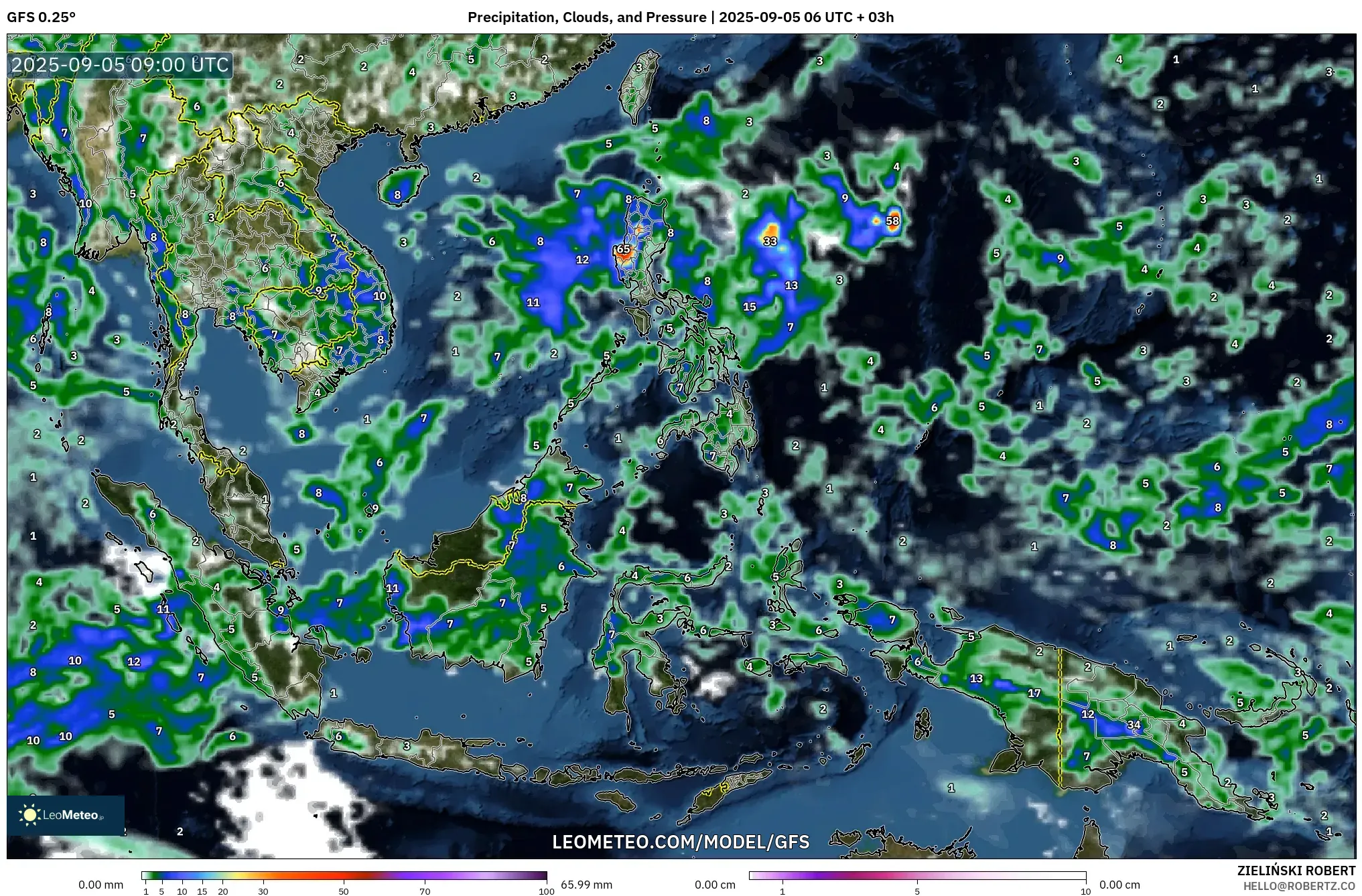 GFS model - South East Asia, Precipitation, Clouds, and Pressure GFS model - South East Asia, Precipitation, Clouds, and Pressure