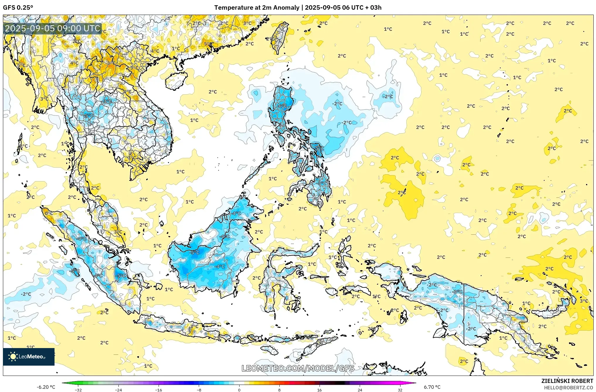 GFS model - South East Asia, Temperature at 2m Anomaly