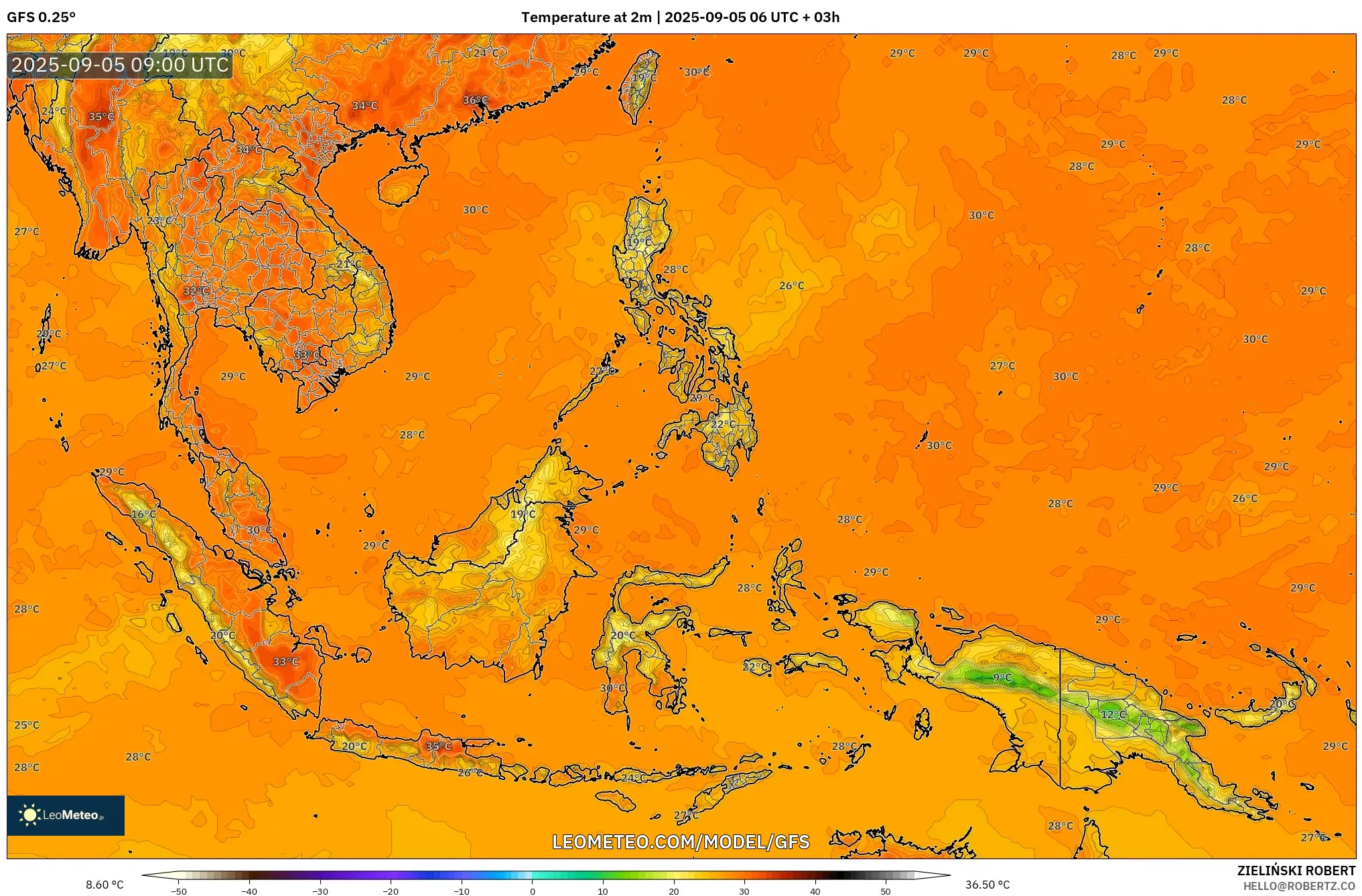 GFS model - South East Asia, Temperature at 2m GFS model - South East Asia, Temperature at 2m