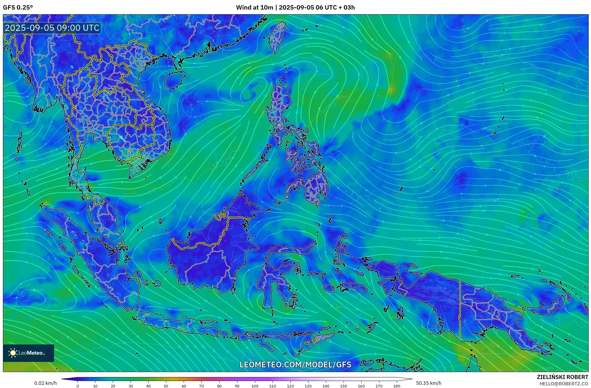 GFS model - South East Asia, Wind at 10m GFS model - South East Asia, Wind at 10m