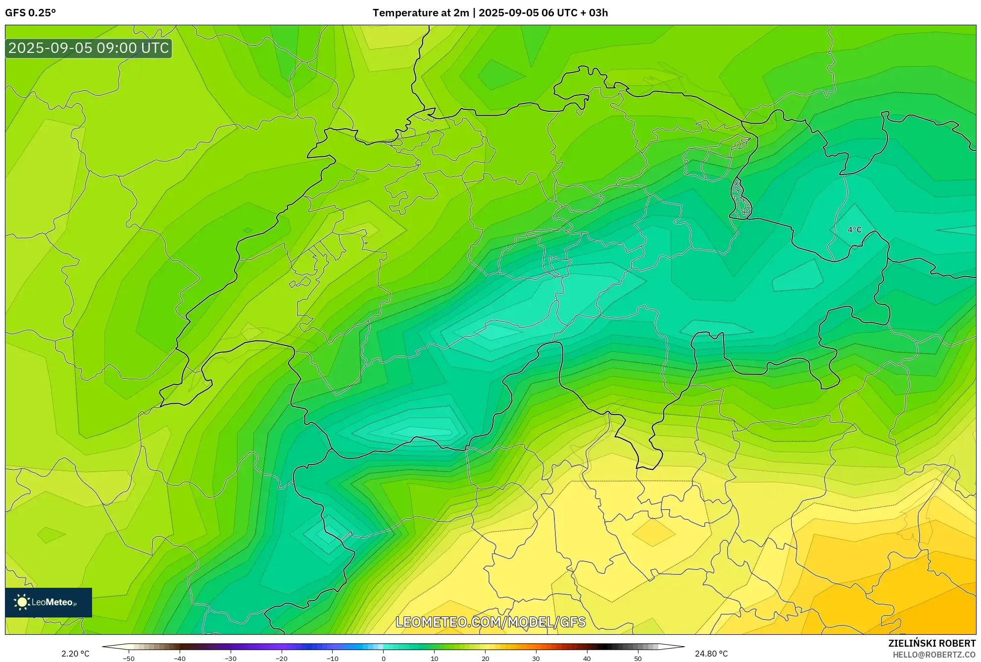 GFS model - Switzerland, Temperature at 2m