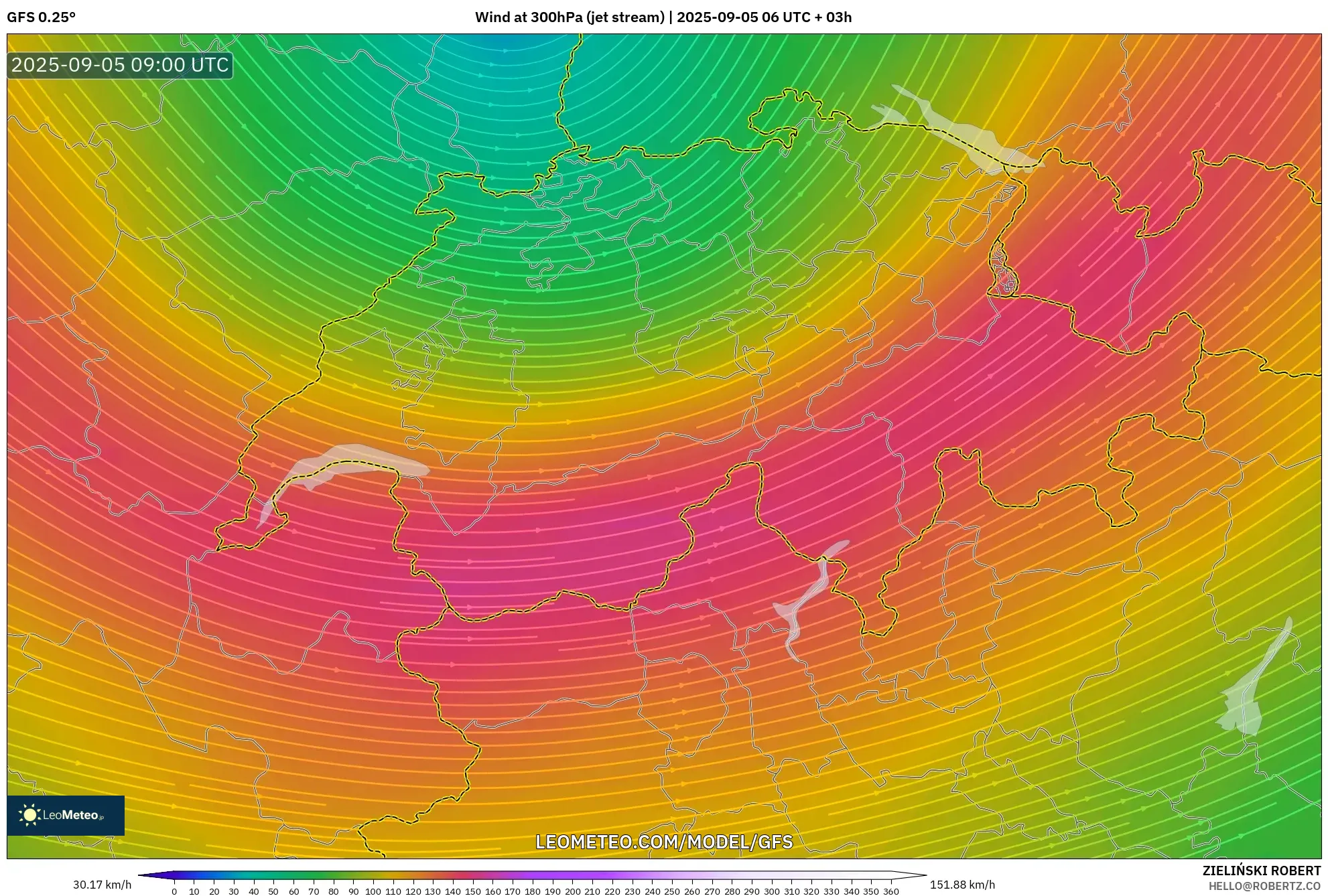 GFS model - Switzerland, Wind at 300hPa (jet stream) GFS model - Switzerland, Wind at 300hPa (jet stream)