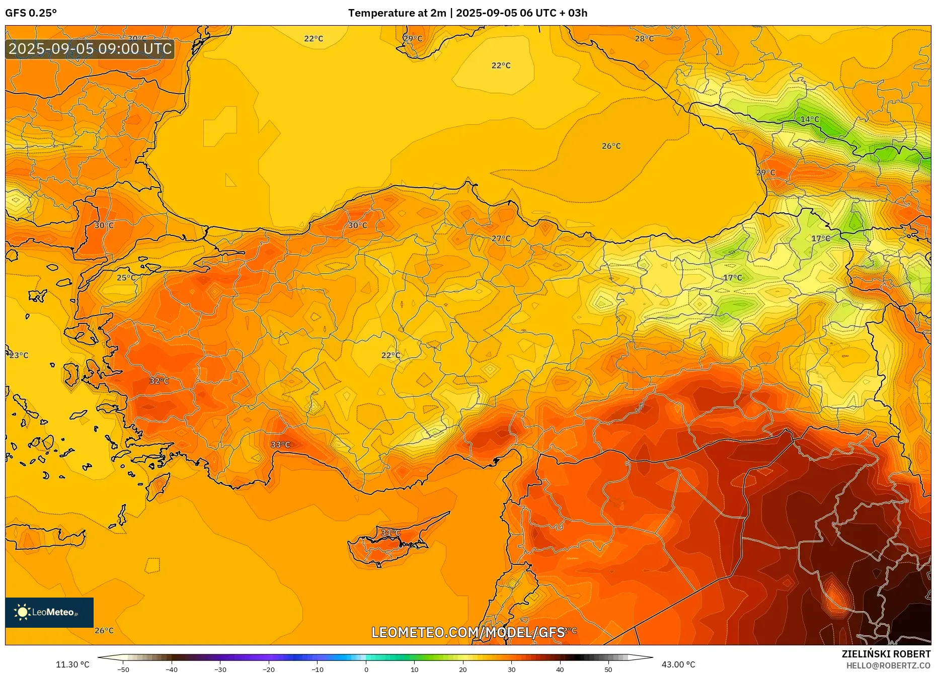 GFS model - Turkey, Temperature at 2m GFS model - Turkey, Temperature at 2m