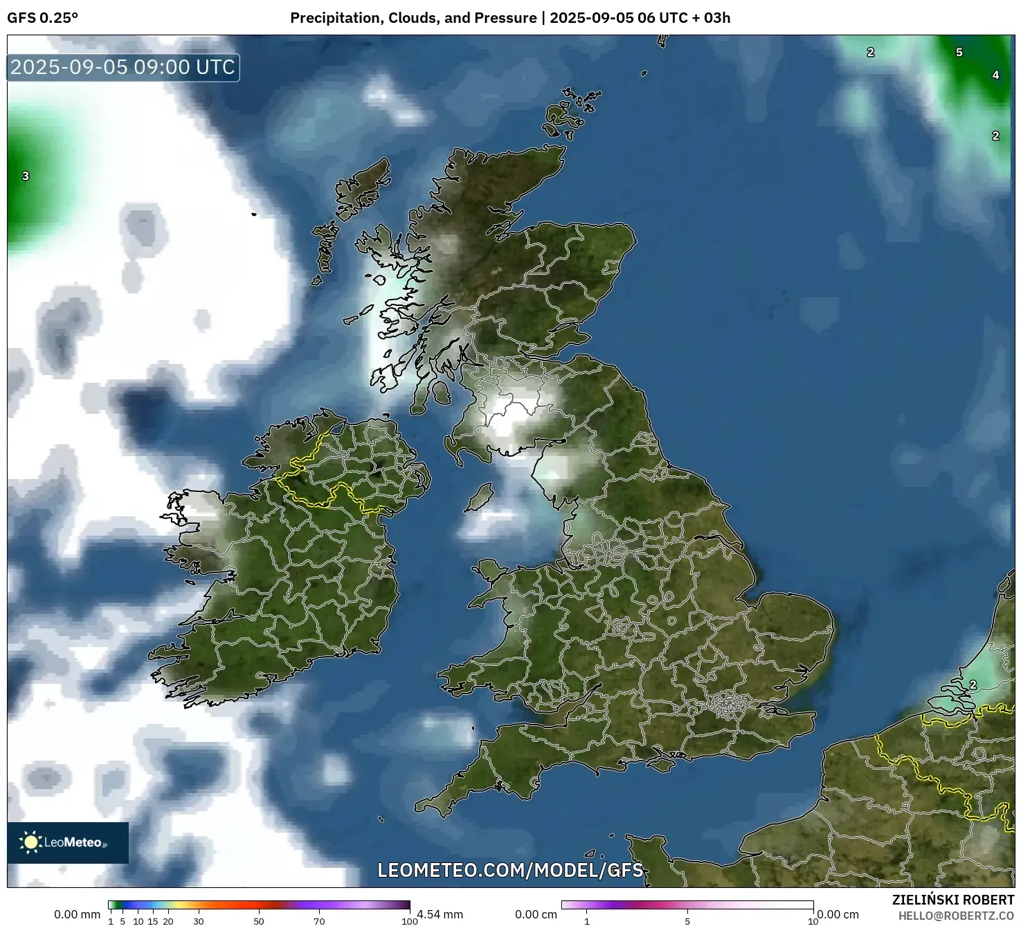 GFS model - United Kingdom, Precipitation, Clouds, and Pressure GFS model - United Kingdom, Precipitation, Clouds, and Pressure