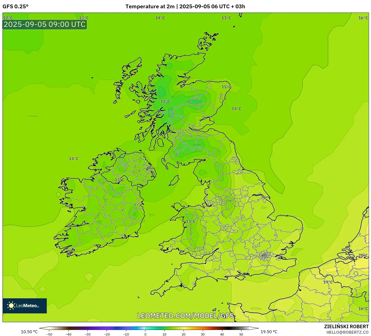GFS model - United Kingdom, Temperature at 2m GFS model - United Kingdom, Temperature at 2m