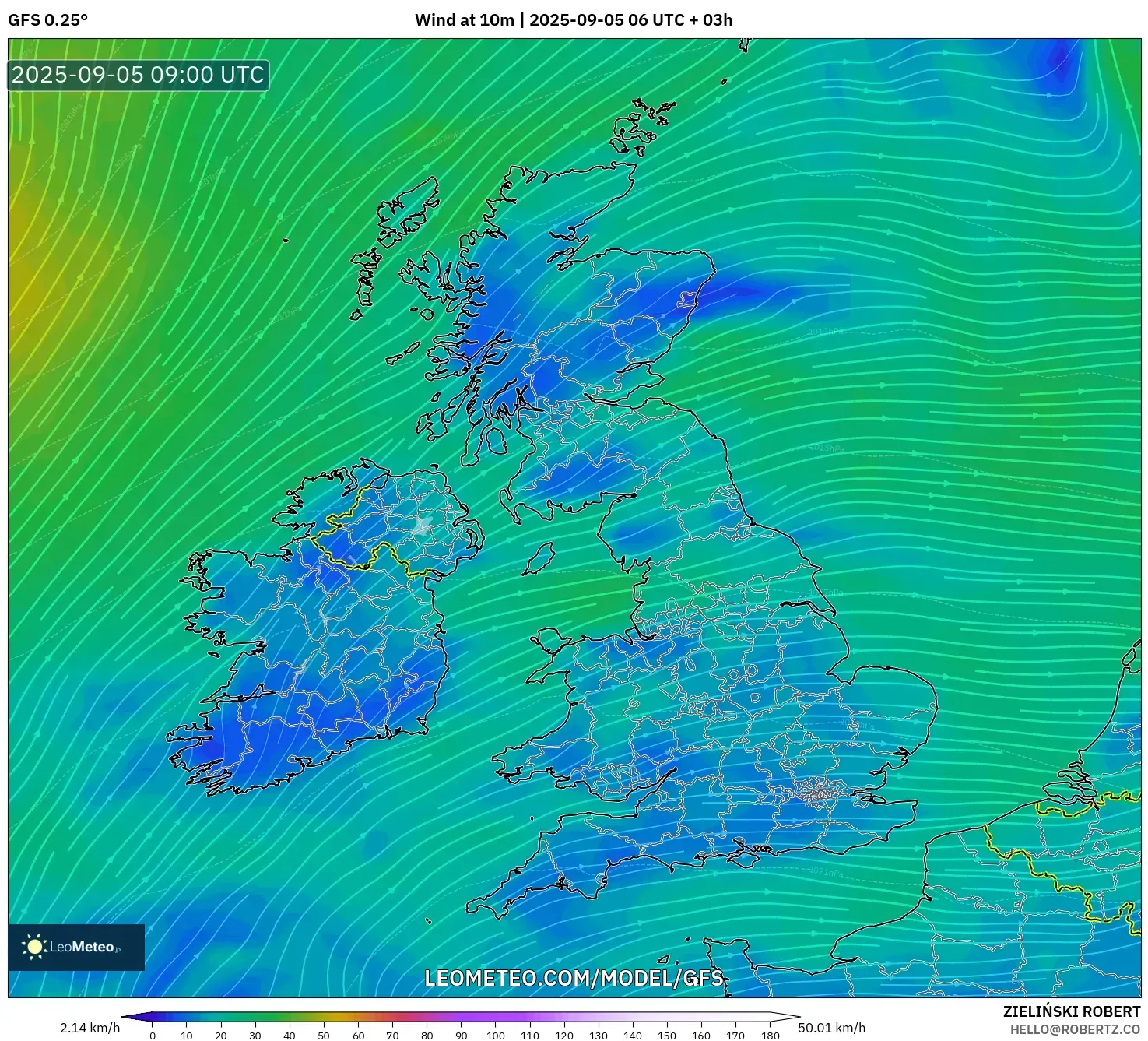 GFS model - United Kingdom, Wind at 10m GFS model - United Kingdom, Wind at 10m