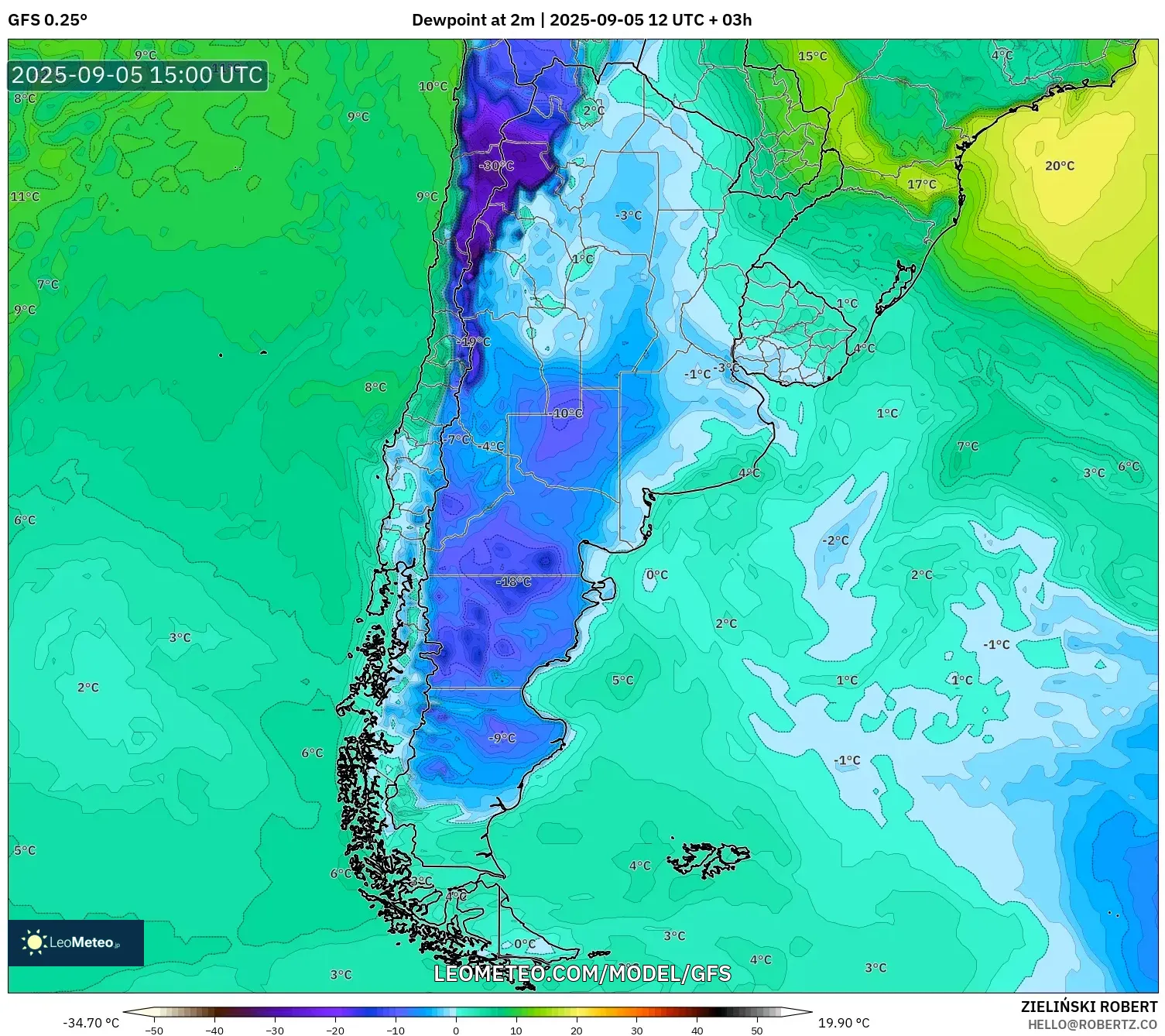 GFS model - Argentina, Dewpoint at 2m GFS model - Argentina, Dewpoint at 2m