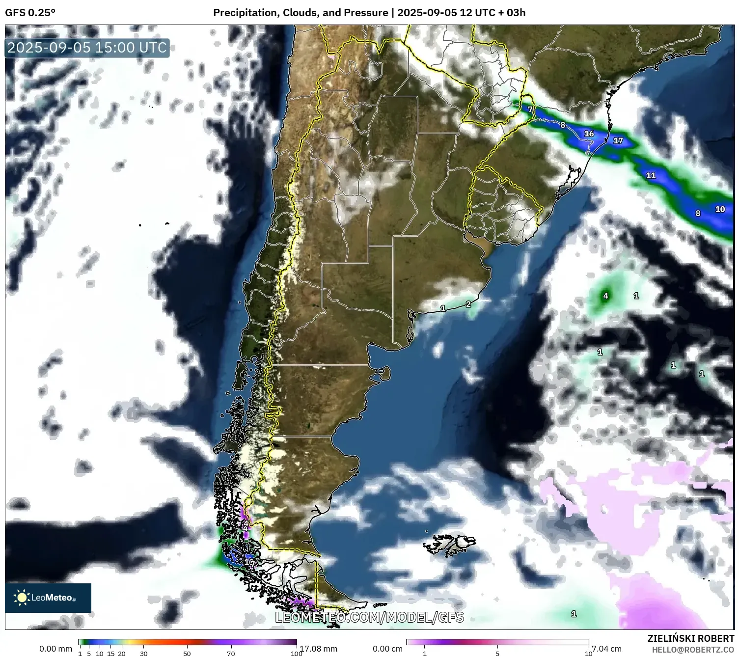 GFS model - Argentina, Precipitation, Clouds, and Pressure