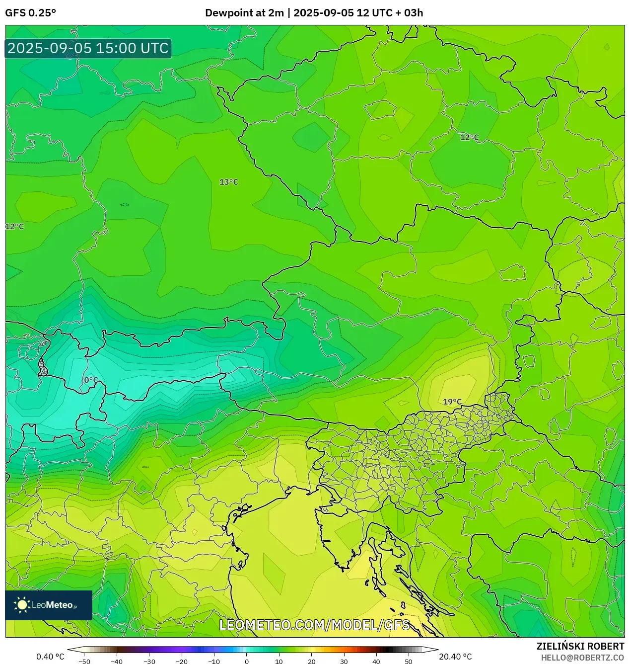 GFS model - Austria, Dewpoint at 2m GFS model - Austria, Dewpoint at 2m
