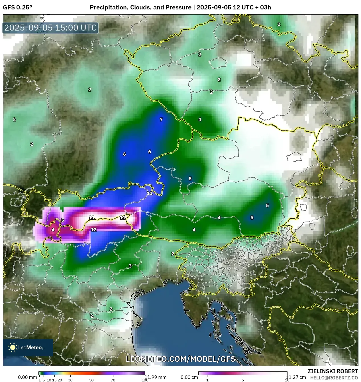 GFS model - Austria, Precipitation, Clouds, and Pressure