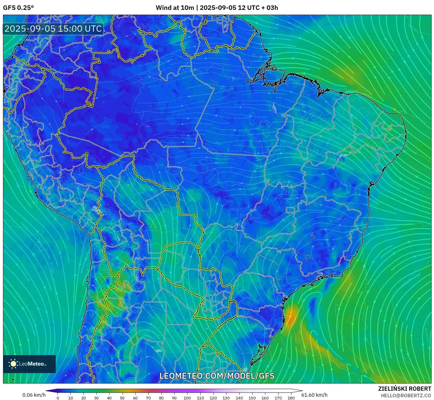 GFS model - Brazil, Wind at 10m GFS model - Brazil, Wind at 10m