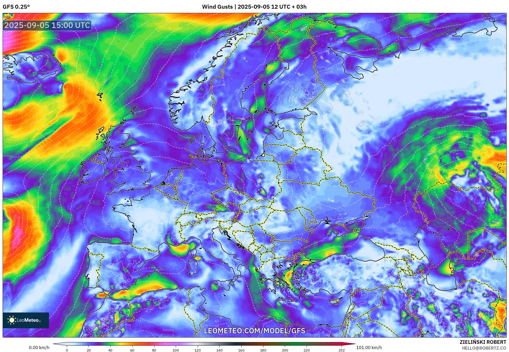 GFS model - Europe, Wind Gusts GFS model - Europe, Wind Gusts