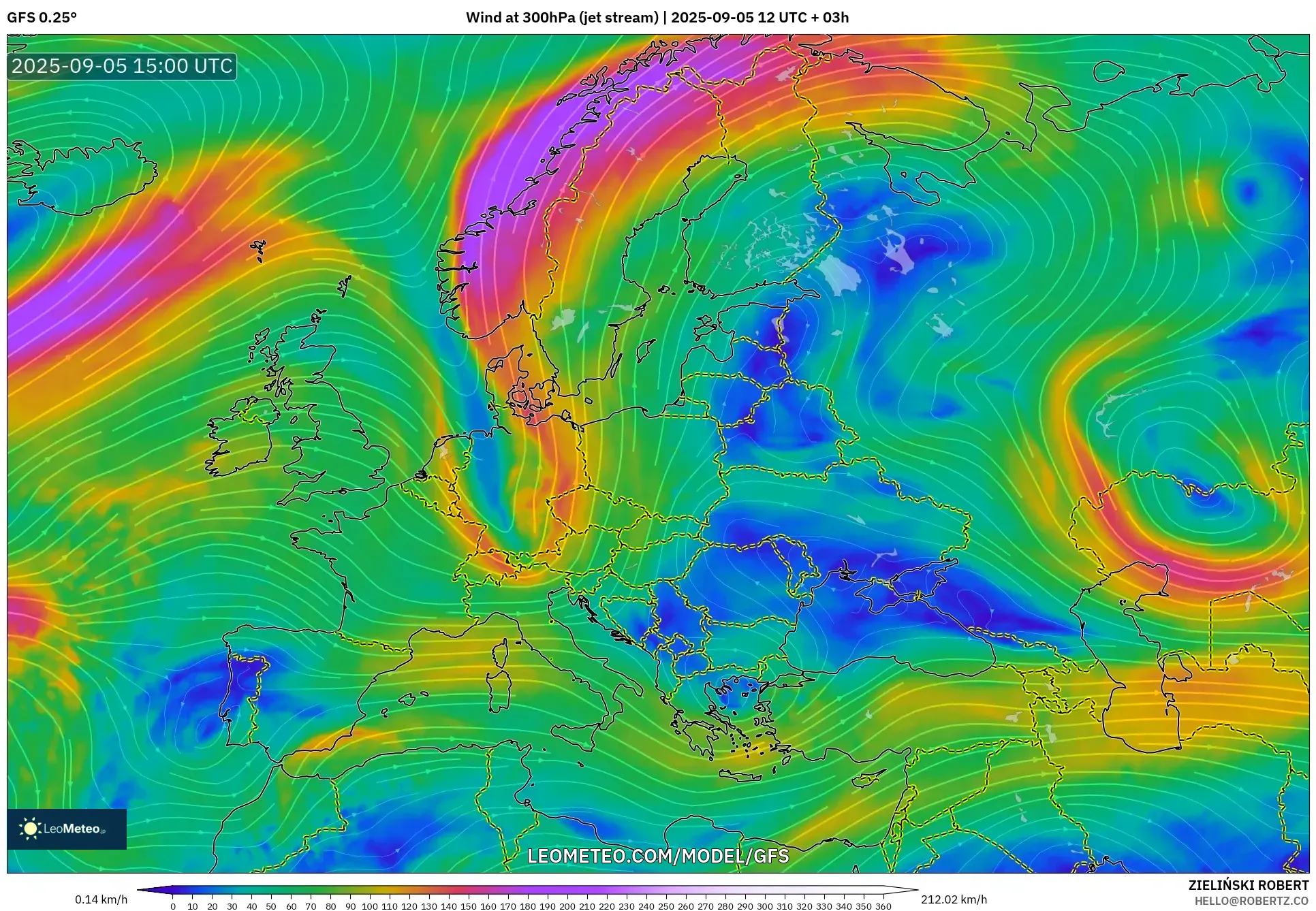 GFS model - Europe, Wind at 300hPa (jet stream) GFS model - Europe, Wind at 300hPa (jet stream)