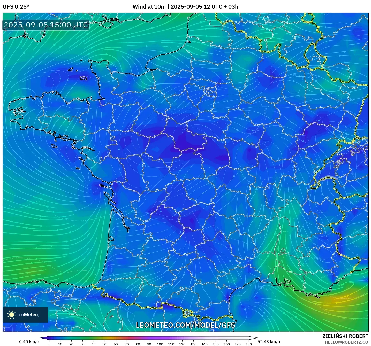 GFS model - France, Wind at 10m GFS model - France, Wind at 10m