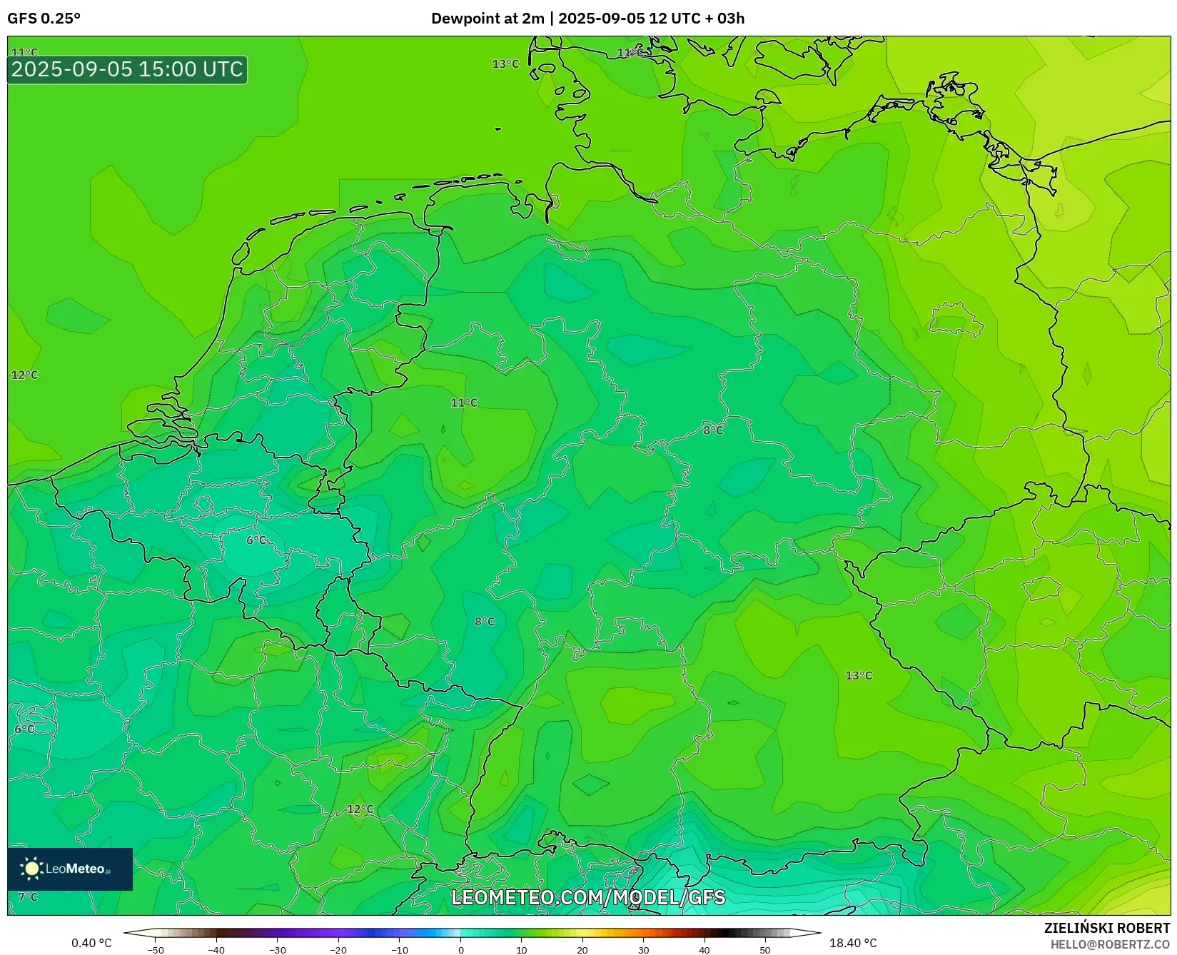GFS model - Germany, Dewpoint at 2m GFS model - Germany, Dewpoint at 2m