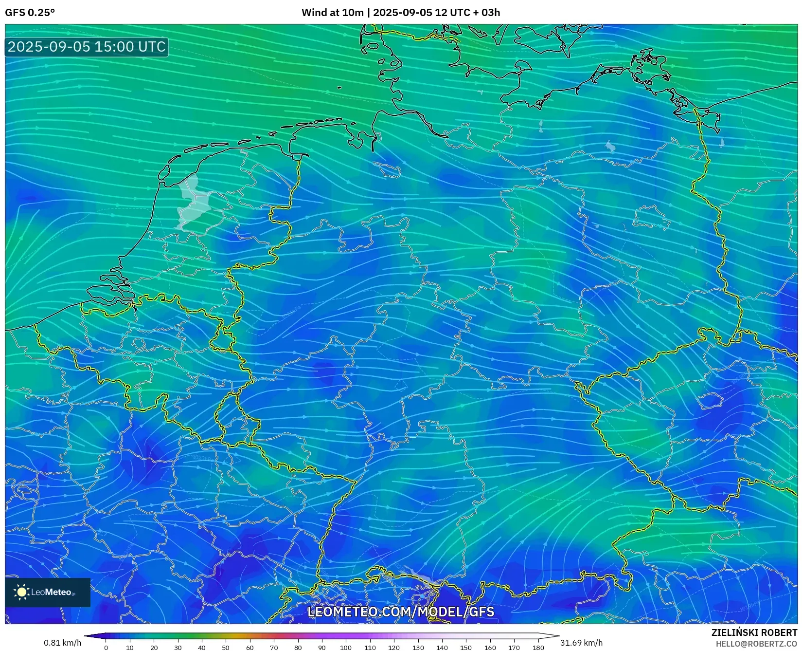 GFS model - Germany, Wind at 10m GFS model - Germany, Wind at 10m
