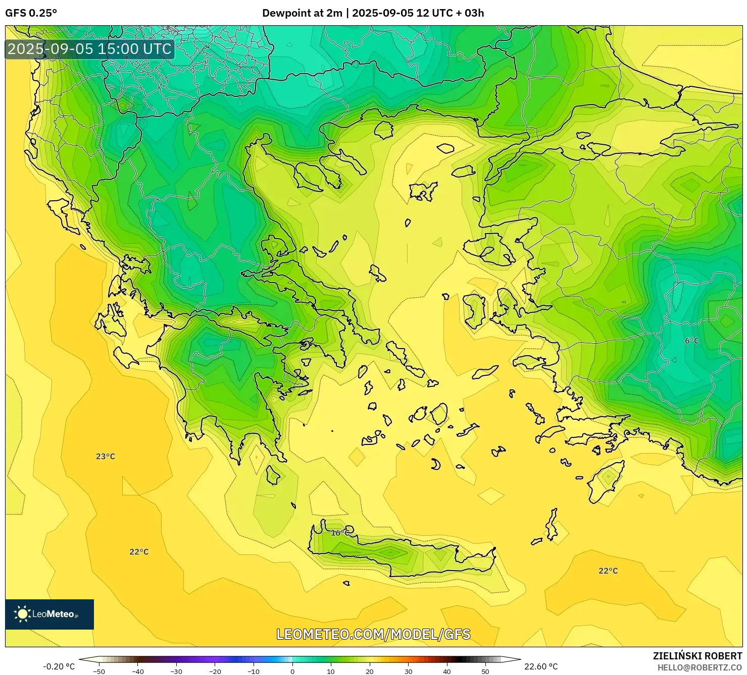 GFS model - Greece, Dewpoint at 2m GFS model - Greece, Dewpoint at 2m
