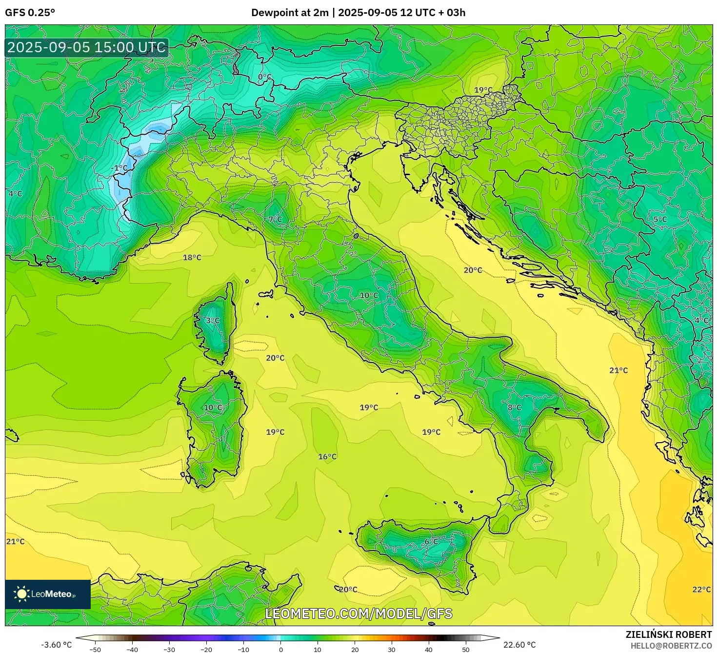 GFS model - Italy, Dewpoint at 2m GFS model - Italy, Dewpoint at 2m