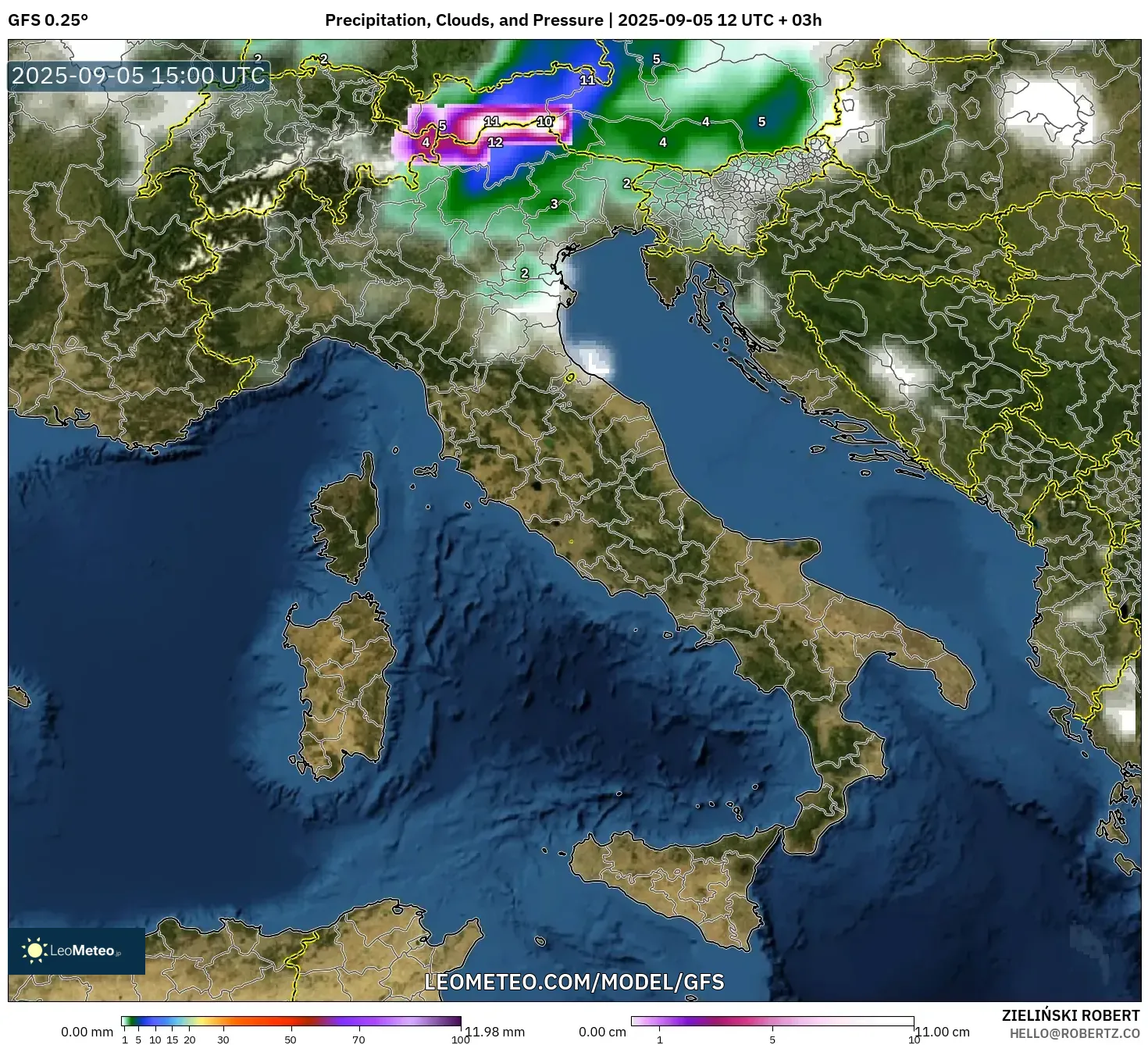 GFS model - Italy, Precipitation, Clouds, and Pressure