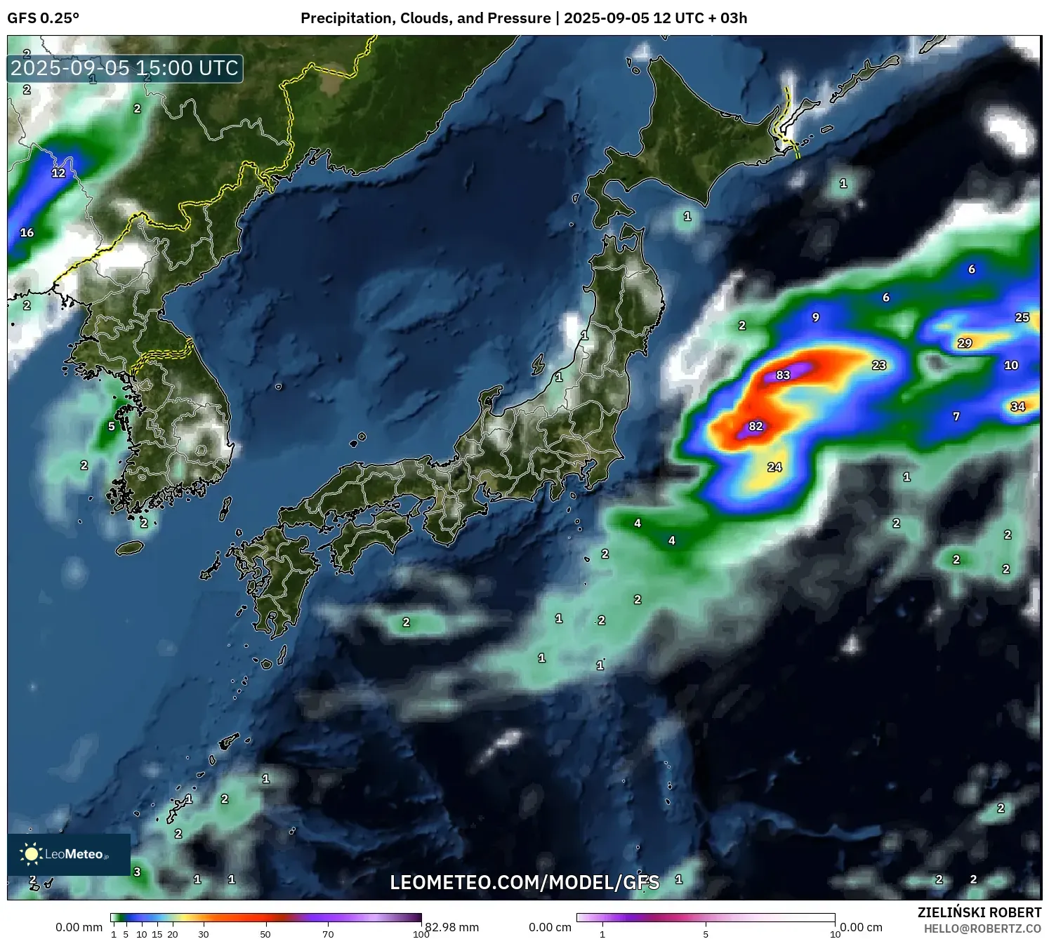 GFS model - Japan, Precipitation, Clouds, and Pressure