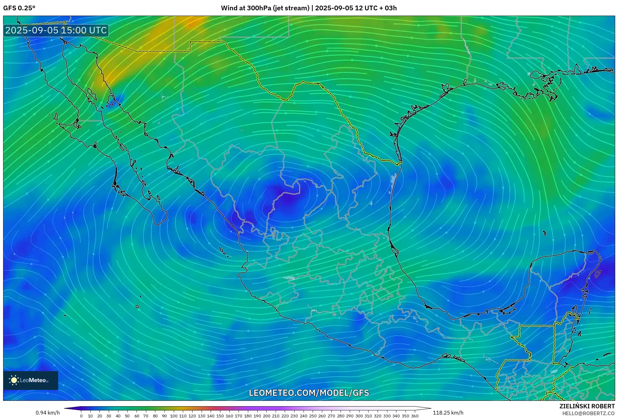 GFS model - Mexico, Wind at 300hPa (jet stream) GFS model - Mexico, Wind at 300hPa (jet stream)