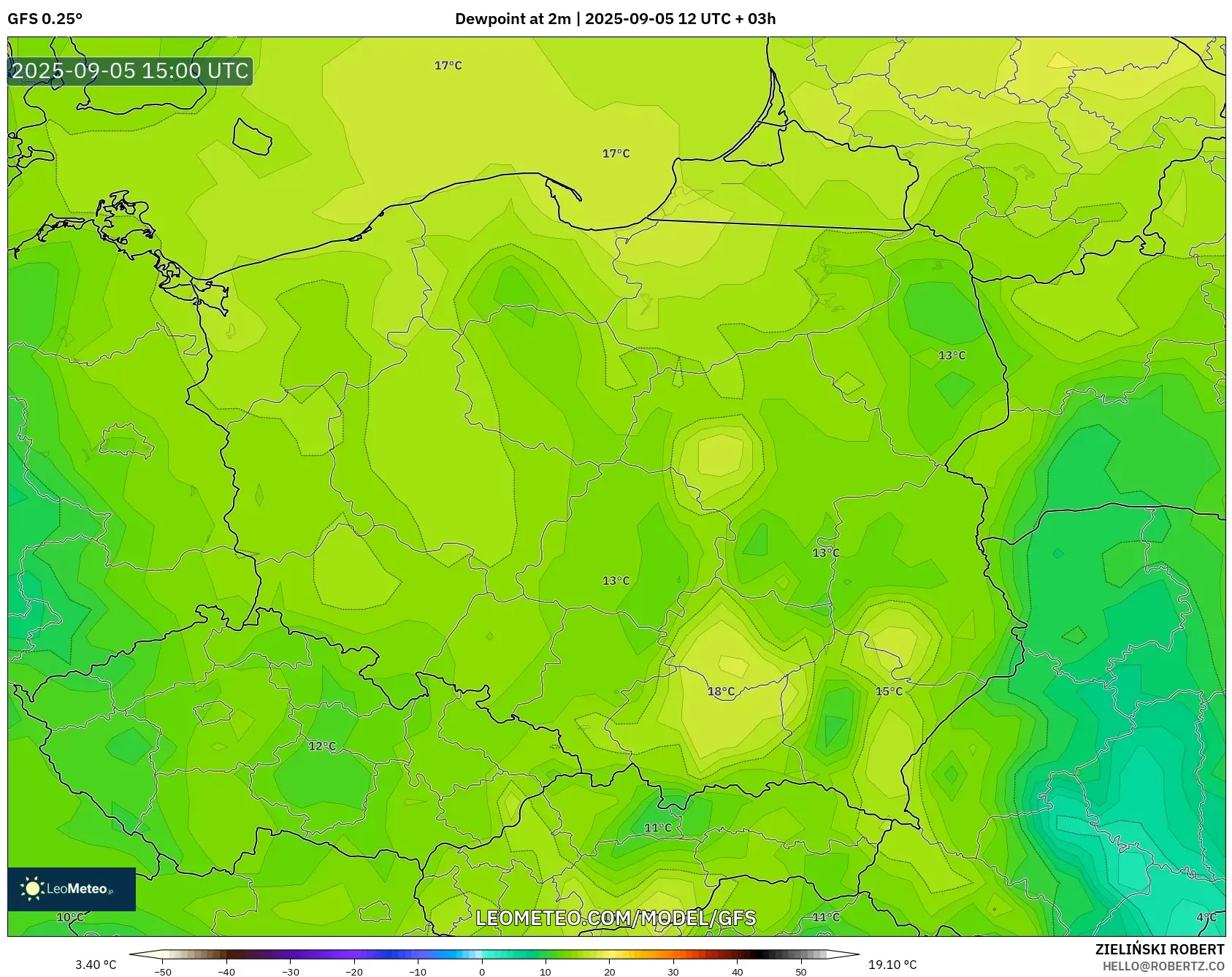 GFS model - Poland, Dewpoint at 2m GFS model - Poland, Dewpoint at 2m
