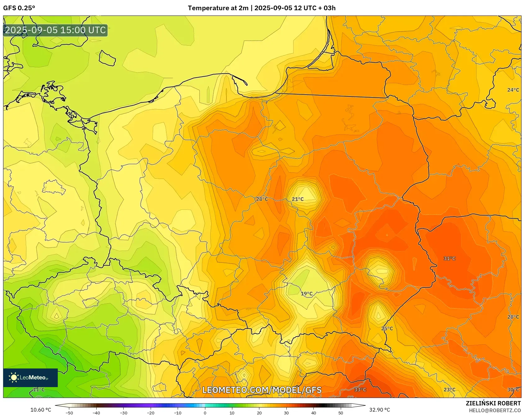 GFS model - Poland, Temperature at 2m