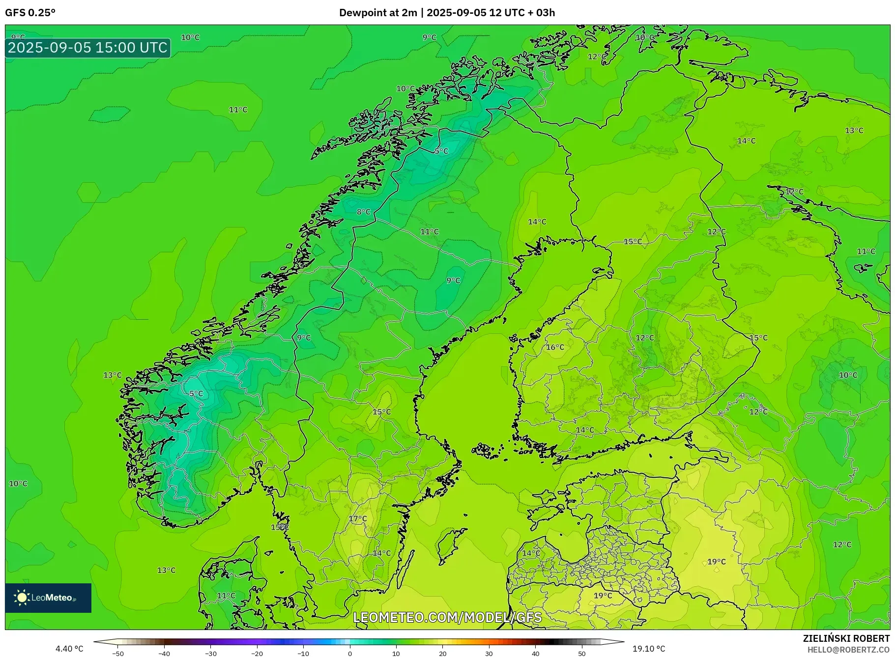 GFS model - Scandinavia, Dewpoint at 2m GFS model - Scandinavia, Dewpoint at 2m