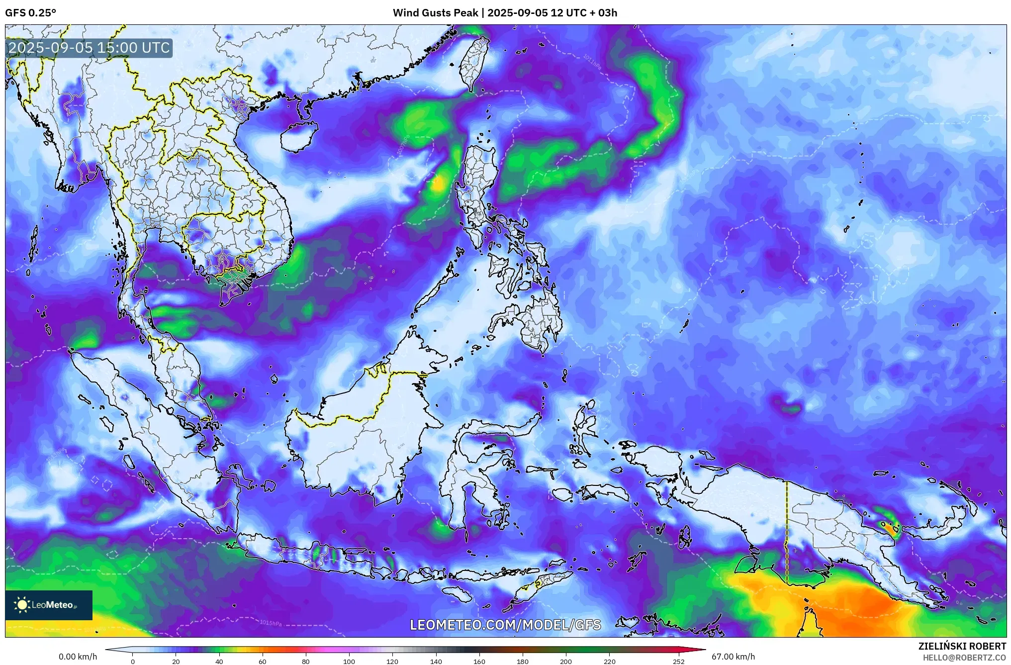 GFS model - South East Asia, Wind Gusts Peak GFS model - South East Asia, Wind Gusts Peak