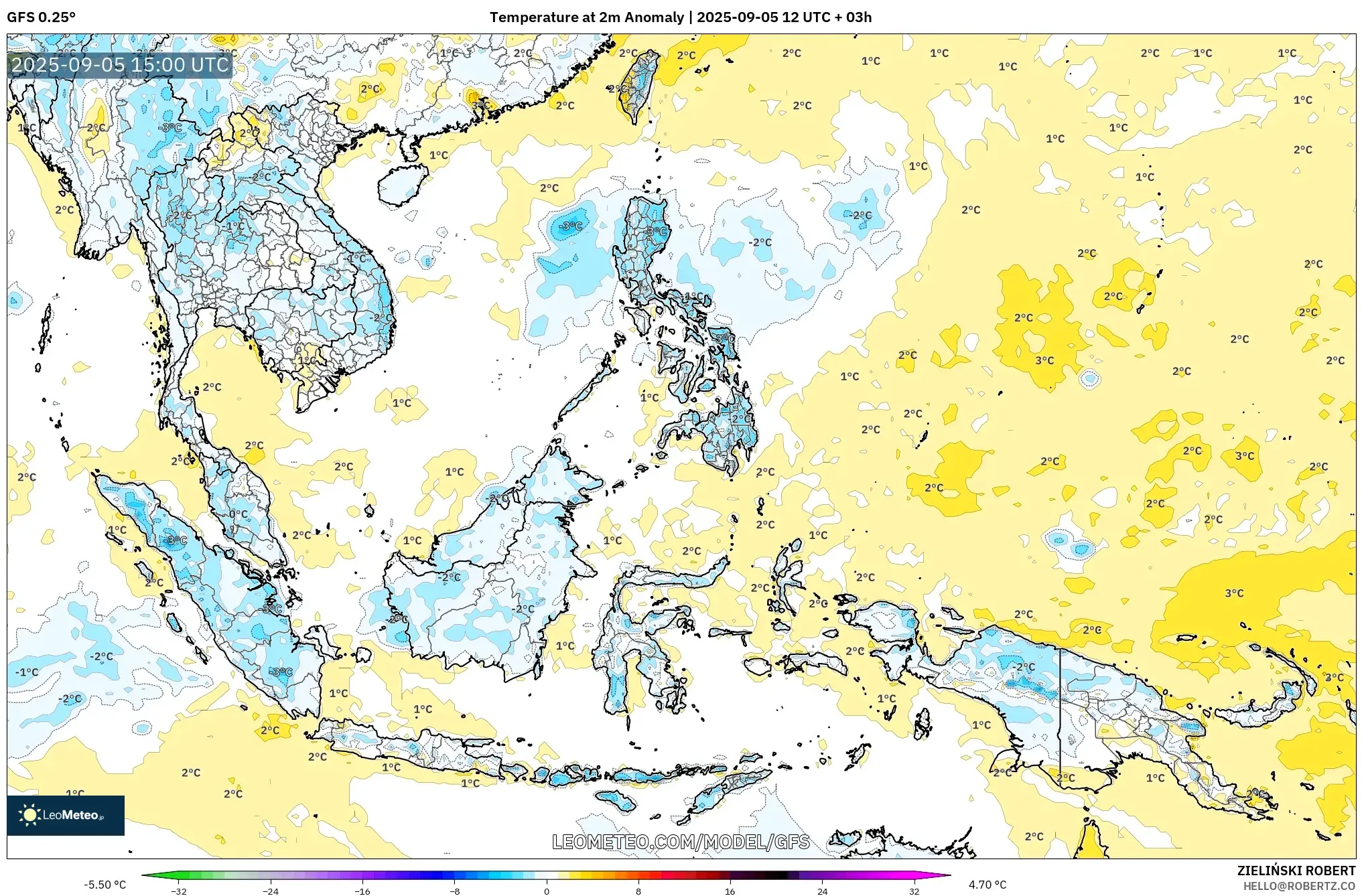 GFS model - South East Asia, Temperature at 2m Anomaly