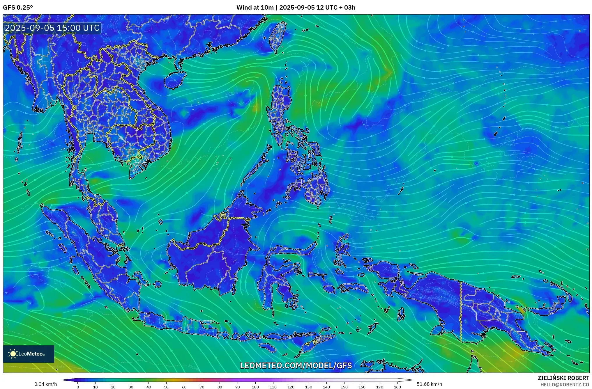 GFS model - South East Asia, Wind at 10m GFS model - South East Asia, Wind at 10m