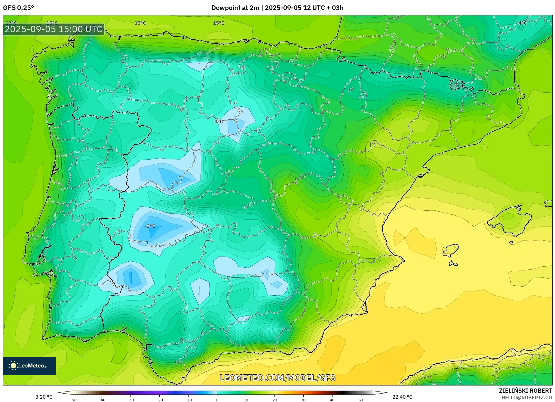 GFS model - Spain, Dewpoint at 2m GFS model - Spain, Dewpoint at 2m