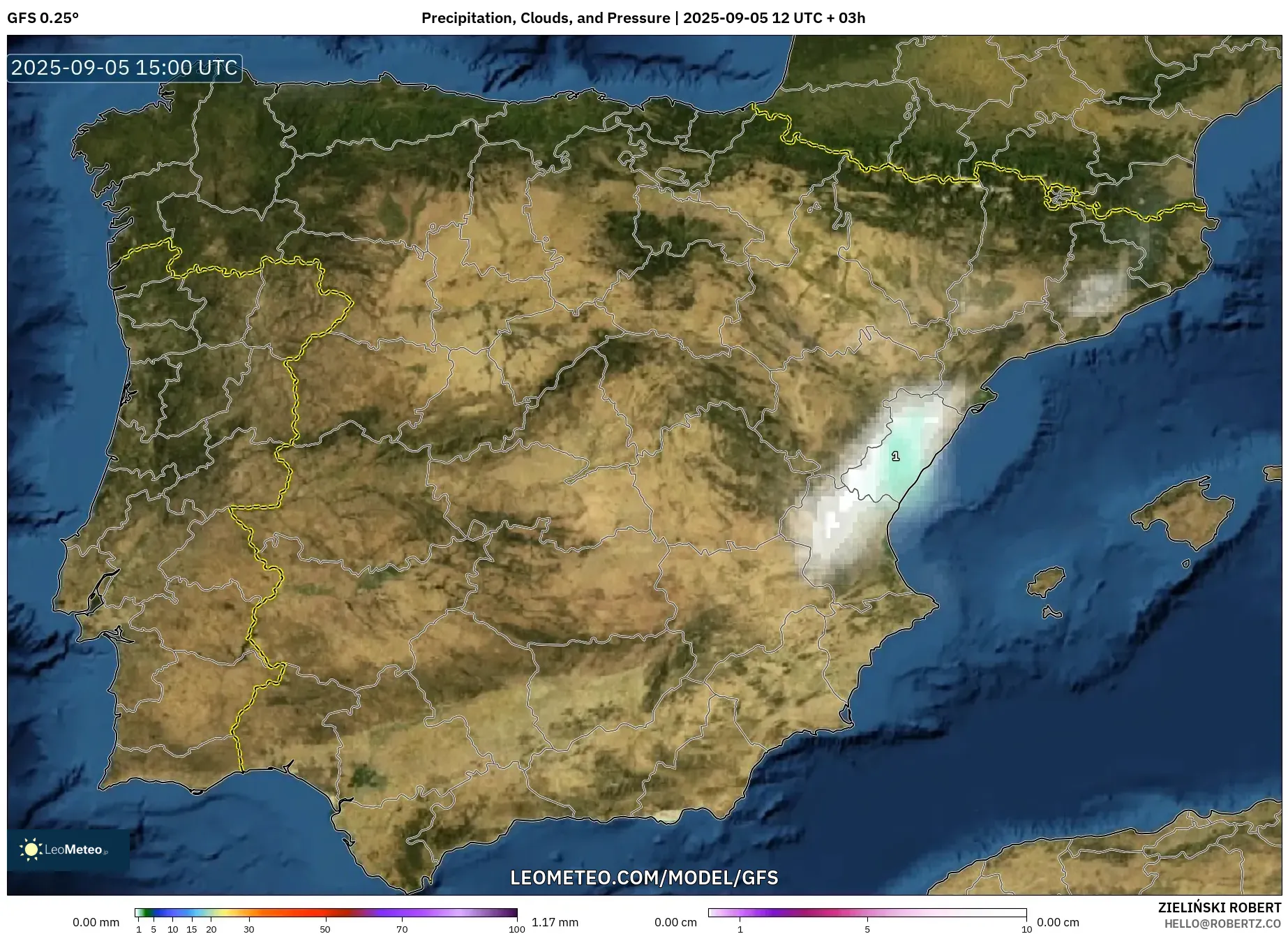 GFS model - Spain, Precipitation, Clouds, and Pressure
