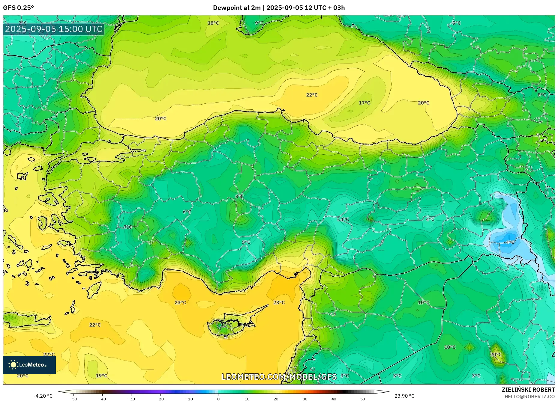 GFS model - Turkey, Dewpoint at 2m GFS model - Turkey, Dewpoint at 2m