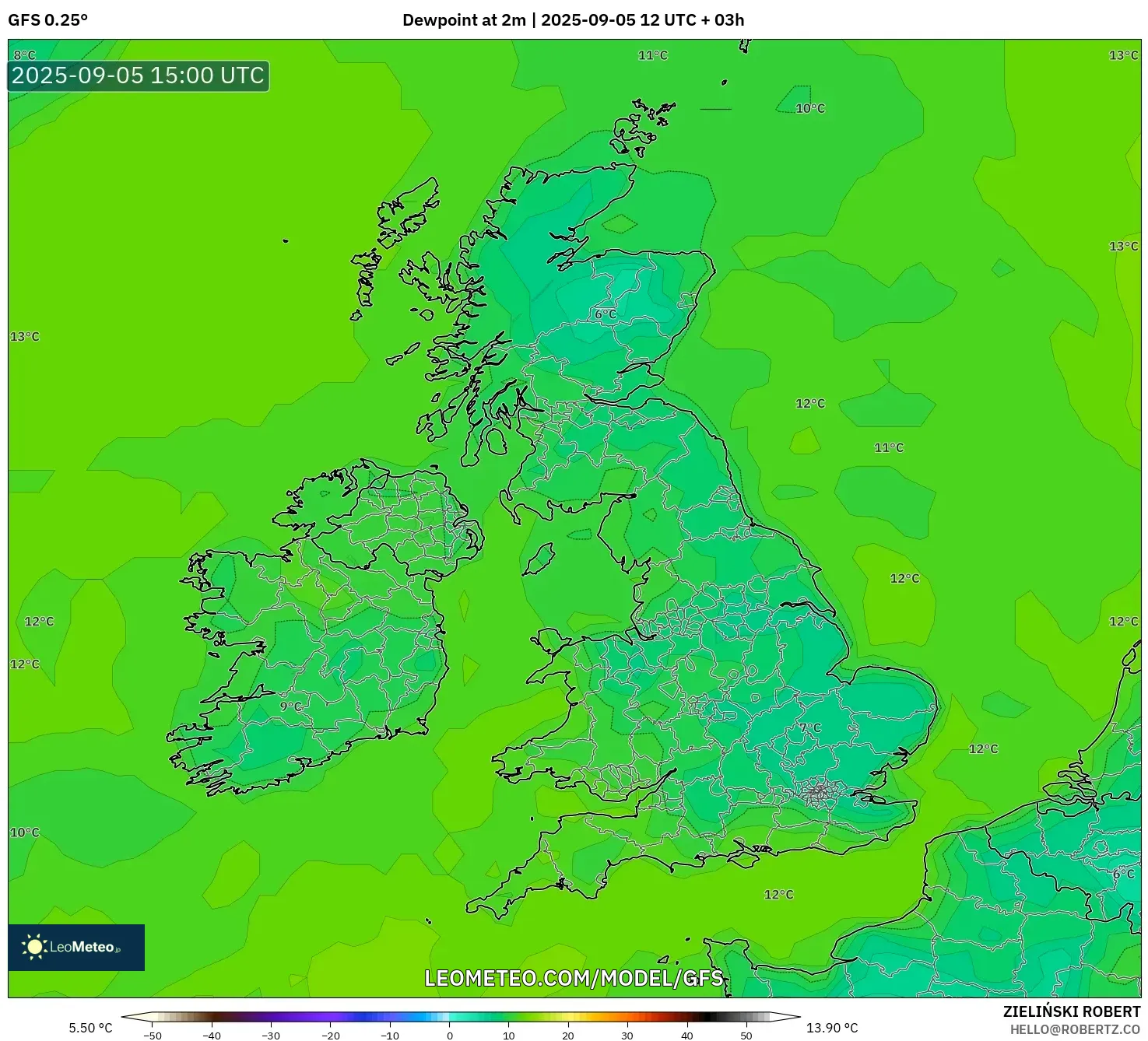 GFS model - United Kingdom, Dewpoint at 2m GFS model - United Kingdom, Dewpoint at 2m