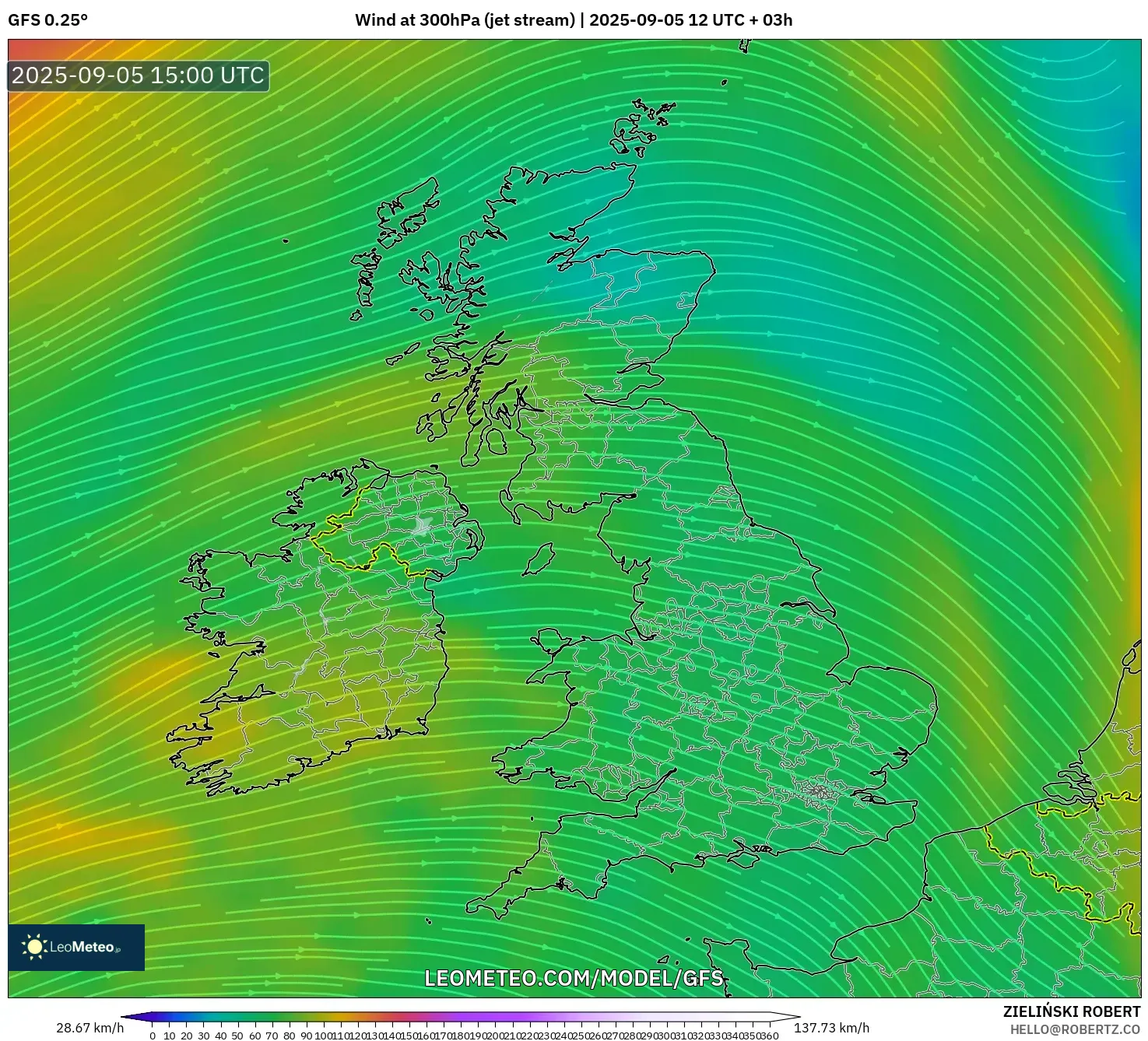 GFS model - United Kingdom, Wind at 300hPa (jet stream) GFS model - United Kingdom, Wind at 300hPa (jet stream)