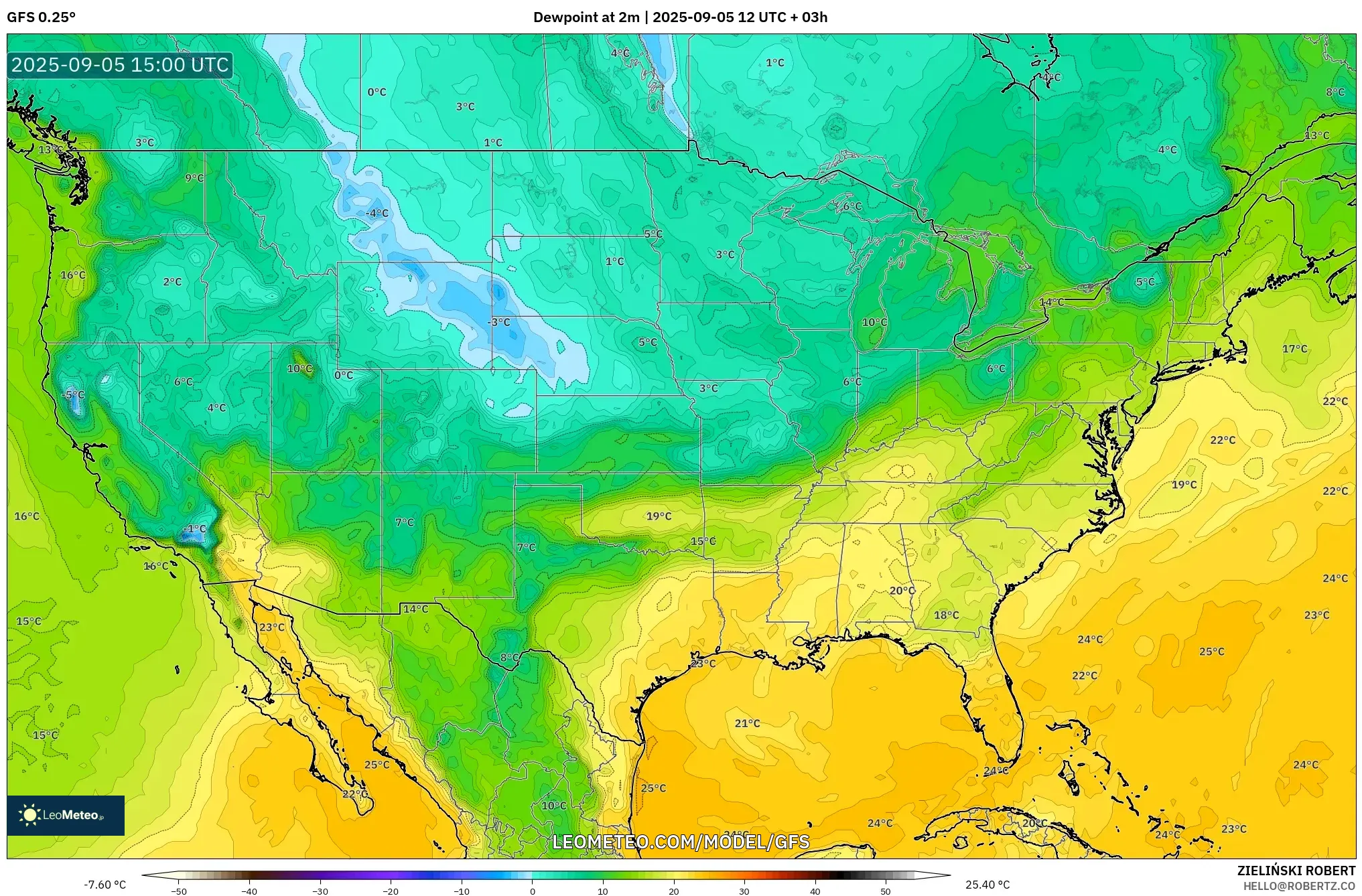 GFS model - United States, Dewpoint at 2m GFS model - United States, Dewpoint at 2m