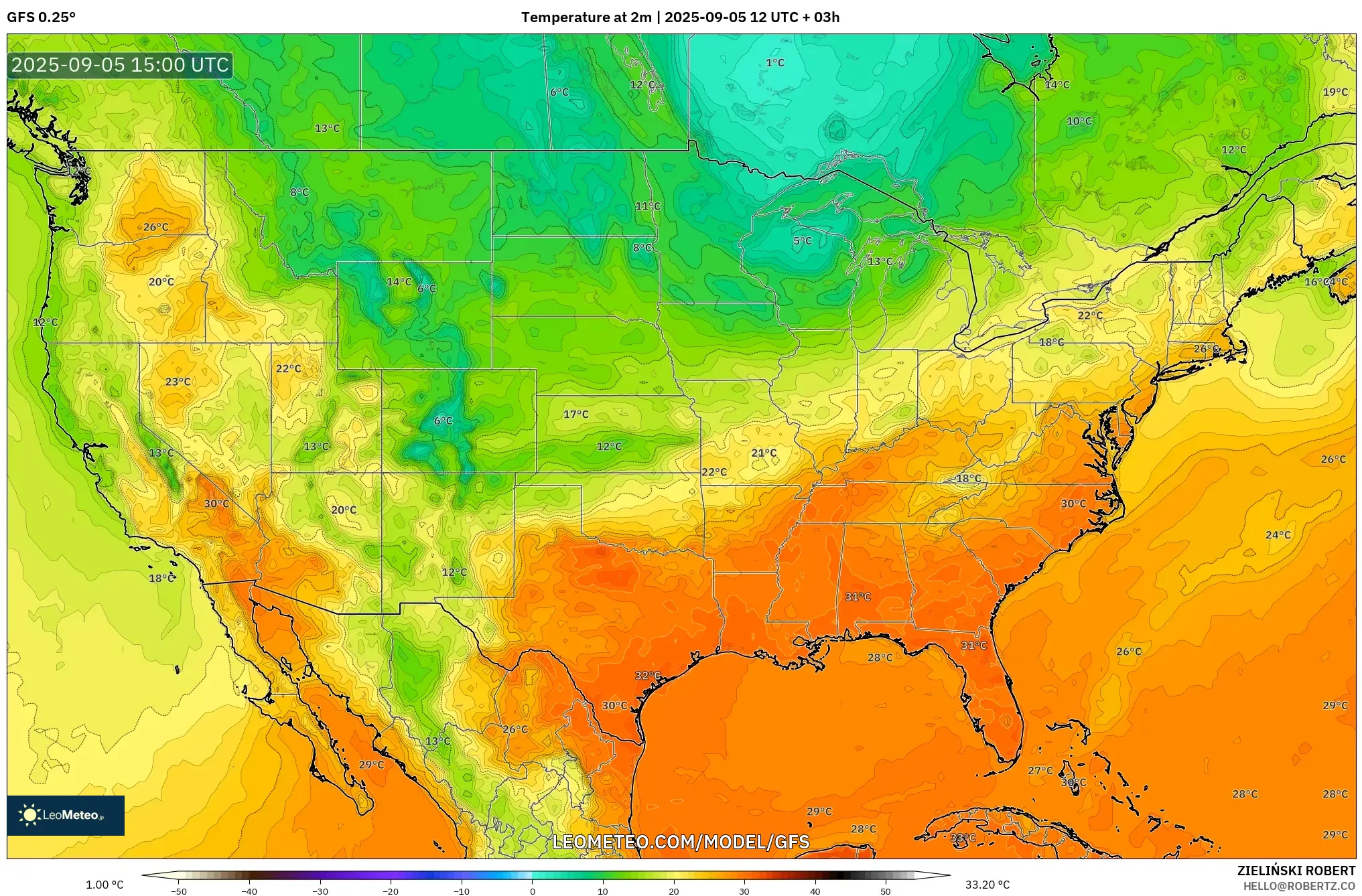 GFS model - United States, Temperature at 2m