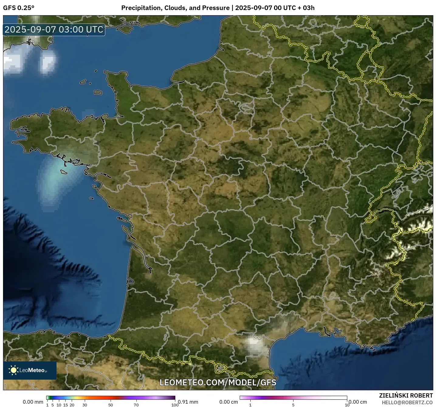 GFS model - France, Precipitation, Clouds, and Pressure GFS model - France, Precipitation, Clouds, and Pressure