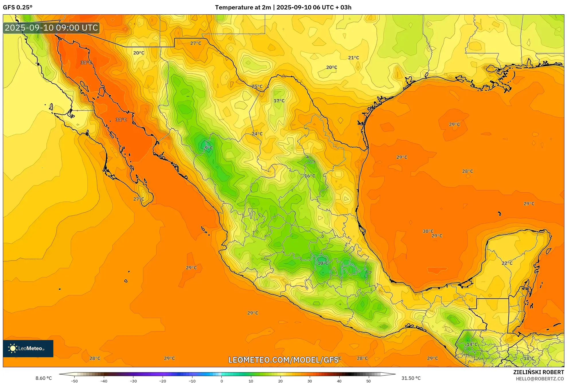 GFS model - Mexico, Temperature at 2m GFS model - Mexico, Temperature at 2m