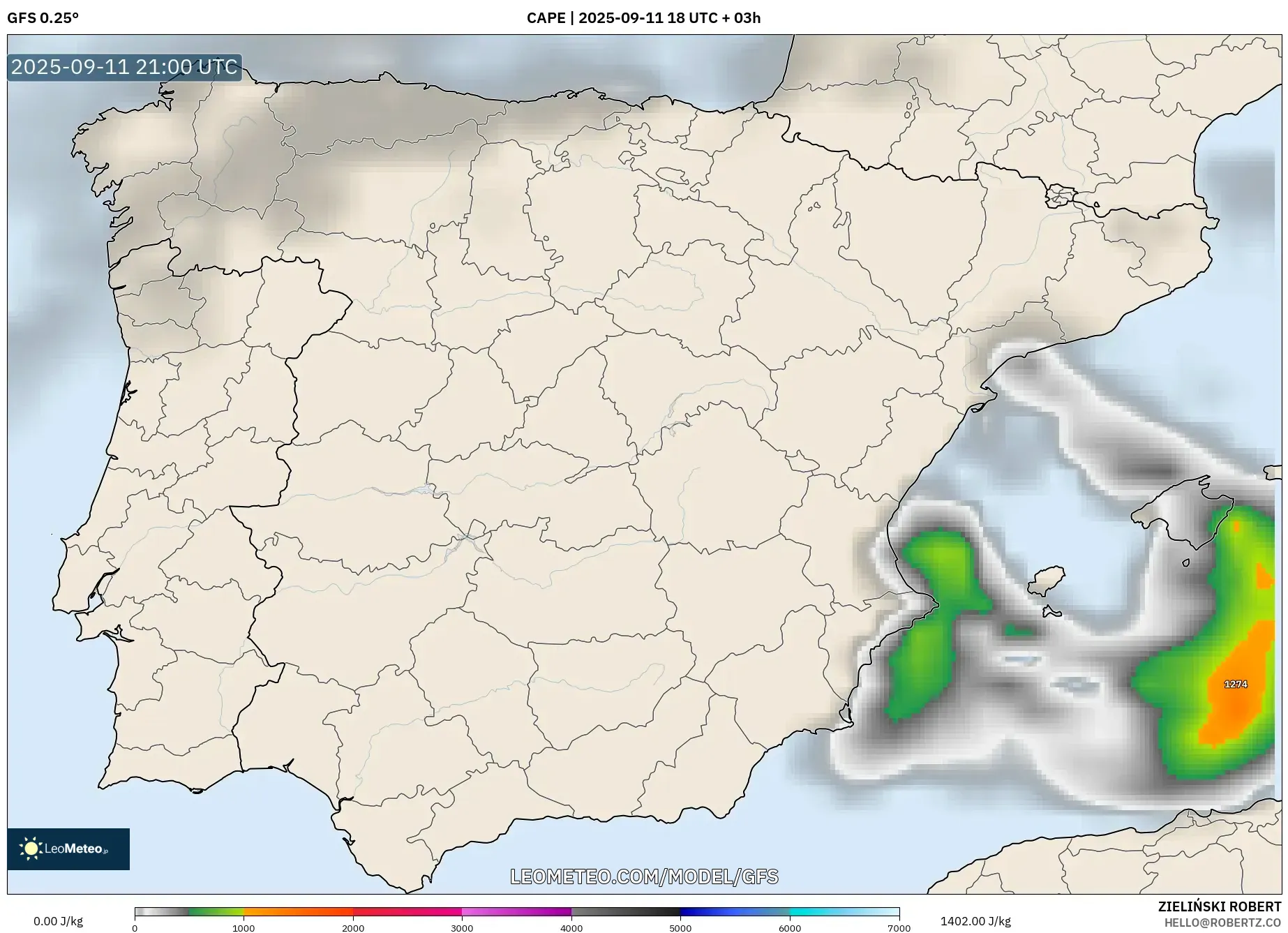 GFS model - Spain, CAPE