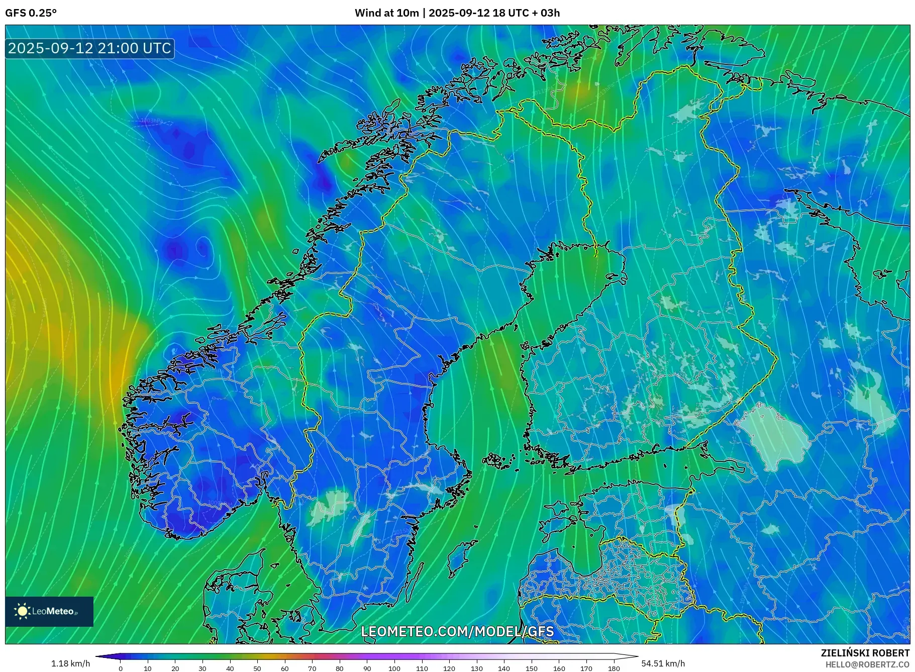 GFS model - Scandinavia, Wind at 10m GFS model - Scandinavia, Wind at 10m