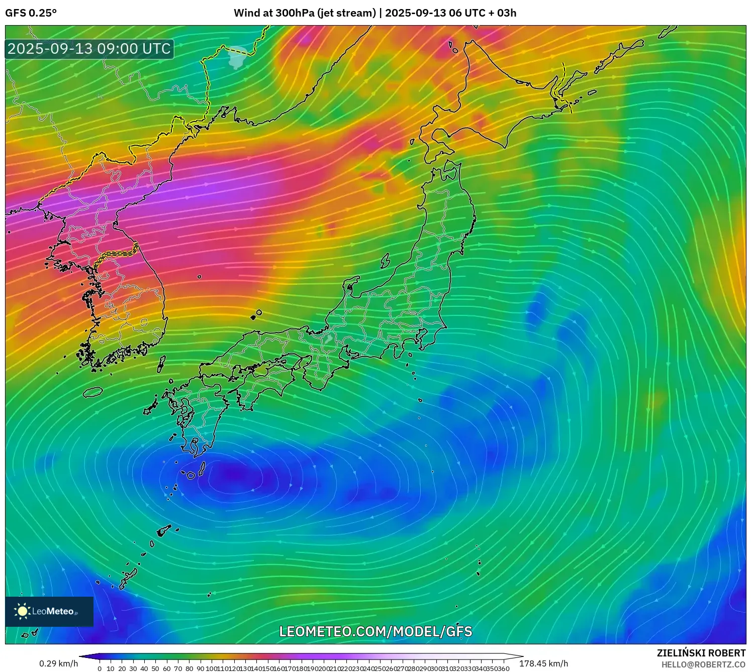 GFS model - Japan, Wind at 300hPa (jet stream)