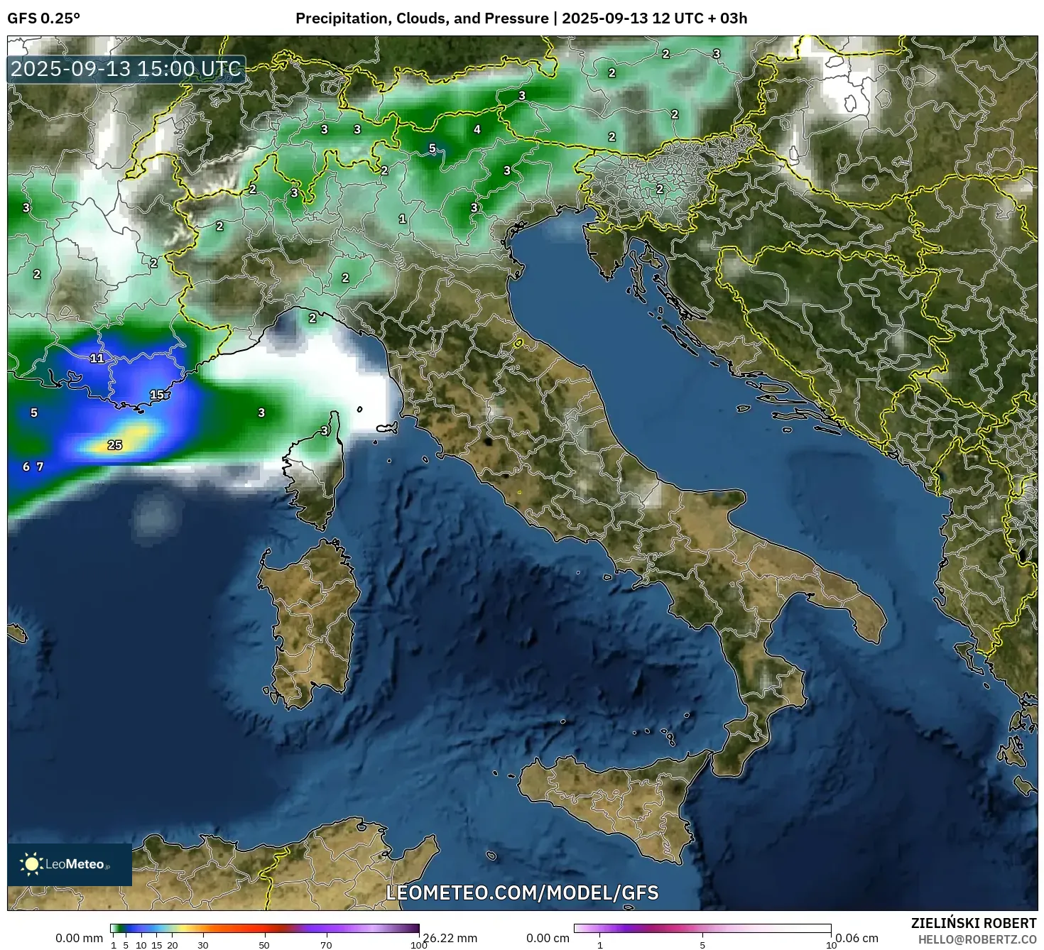GFS model - Italy, Precipitation, Clouds, and Pressure