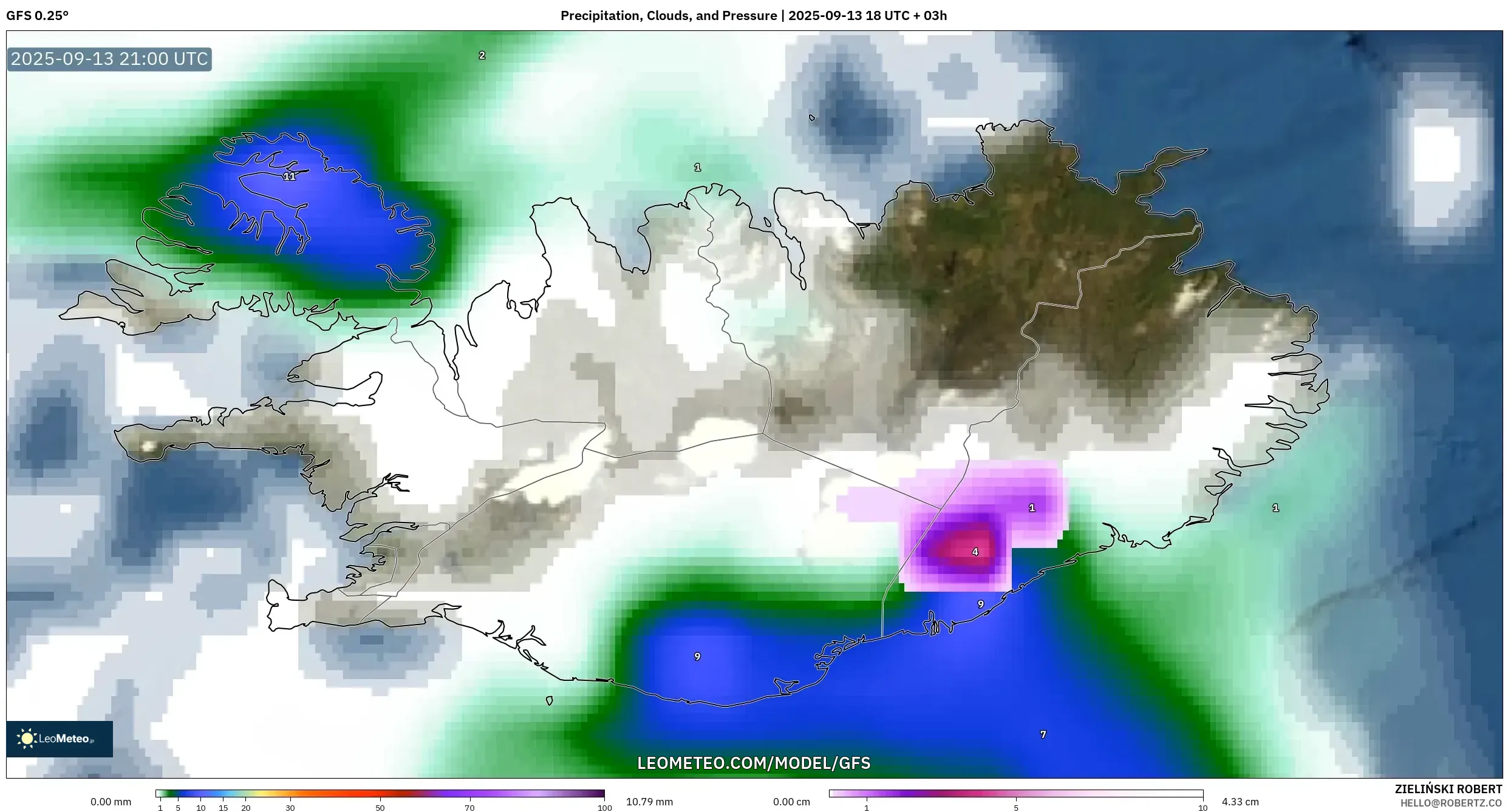 GFS model - Iceland, Precipitation, Clouds, and Pressure GFS model - Iceland, Precipitation, Clouds, and Pressure