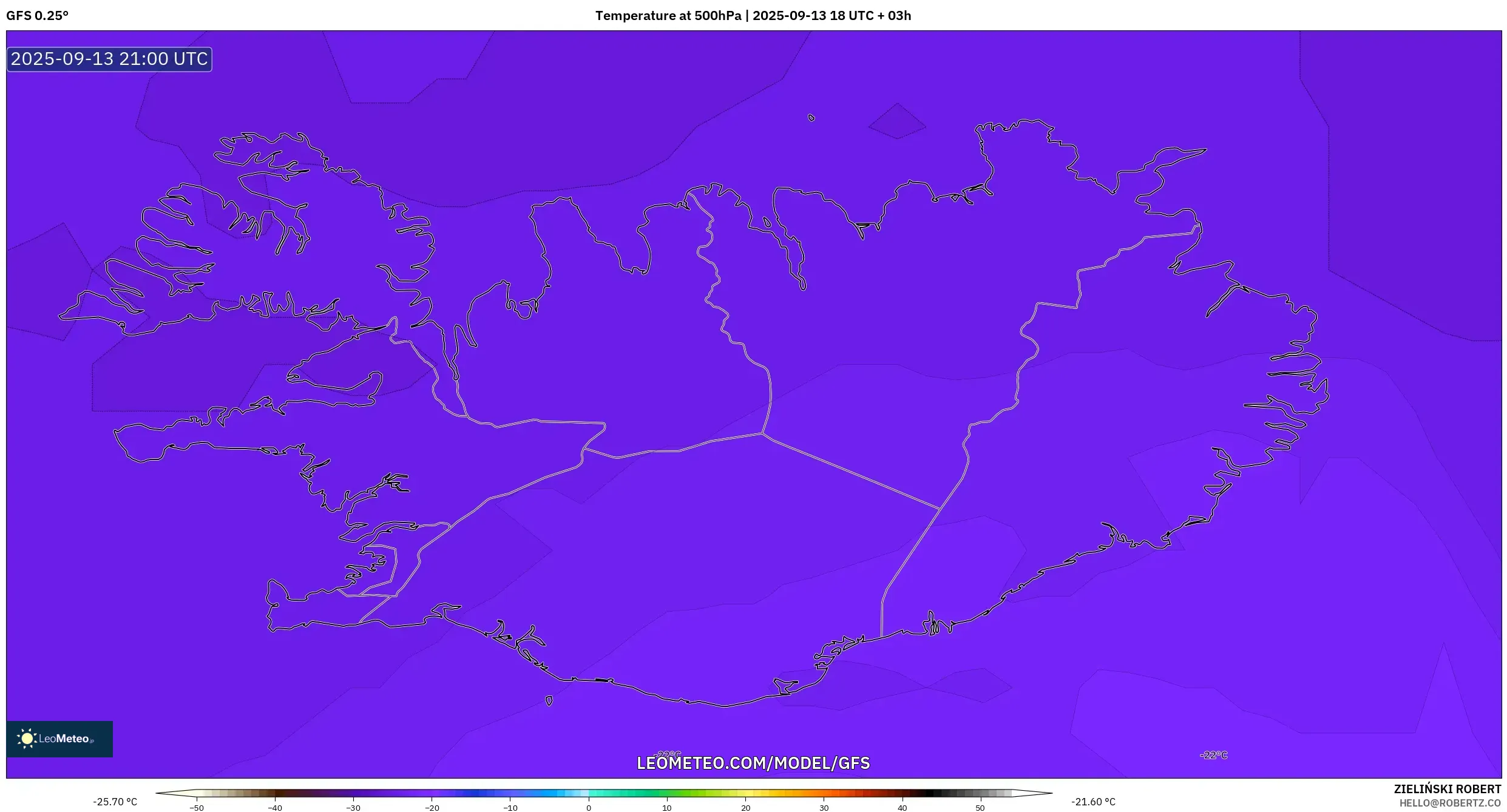 GFS model - Iceland, Temperature at 500hPa