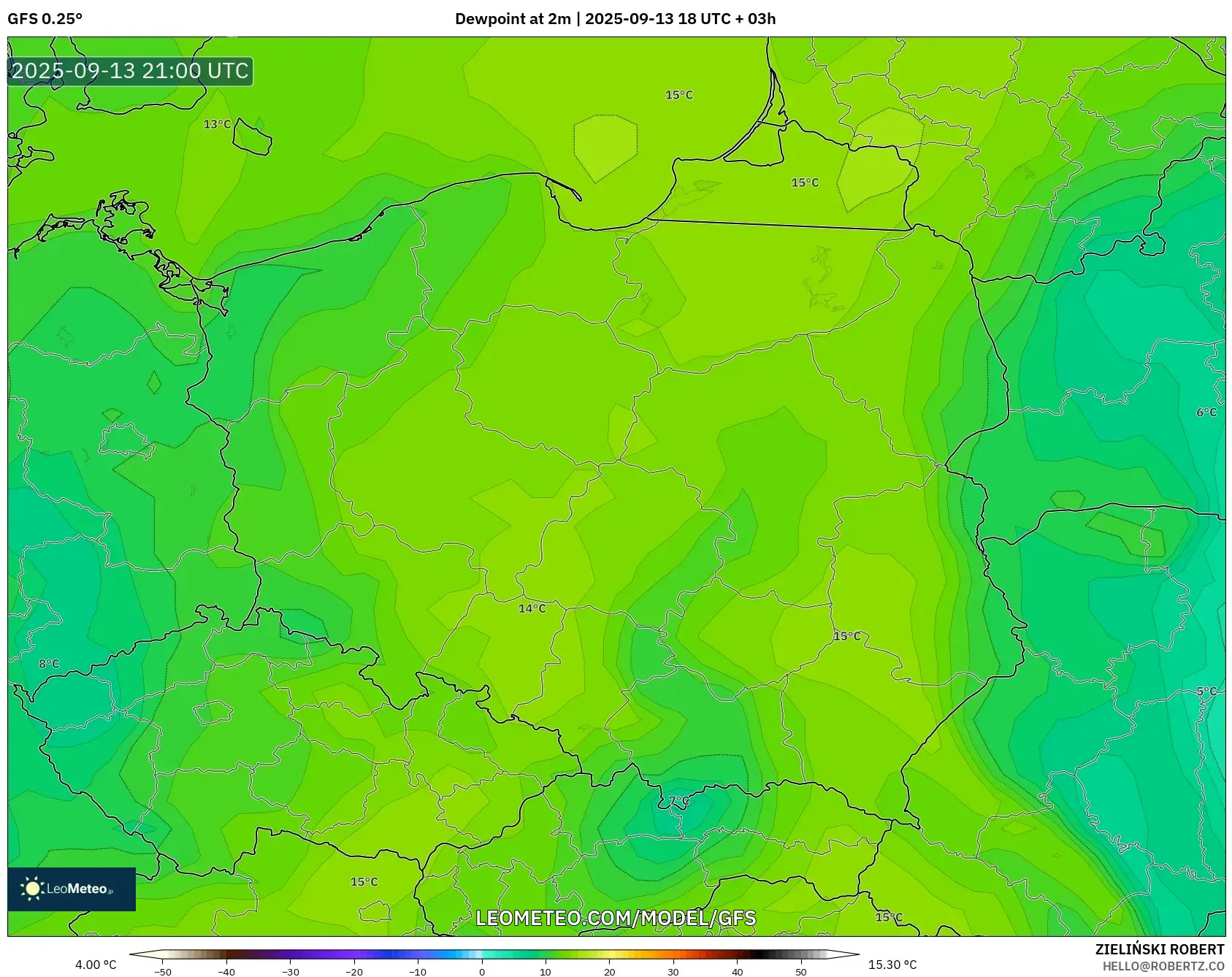 GFS model - Poland, Dewpoint at 2m GFS model - Poland, Dewpoint at 2m