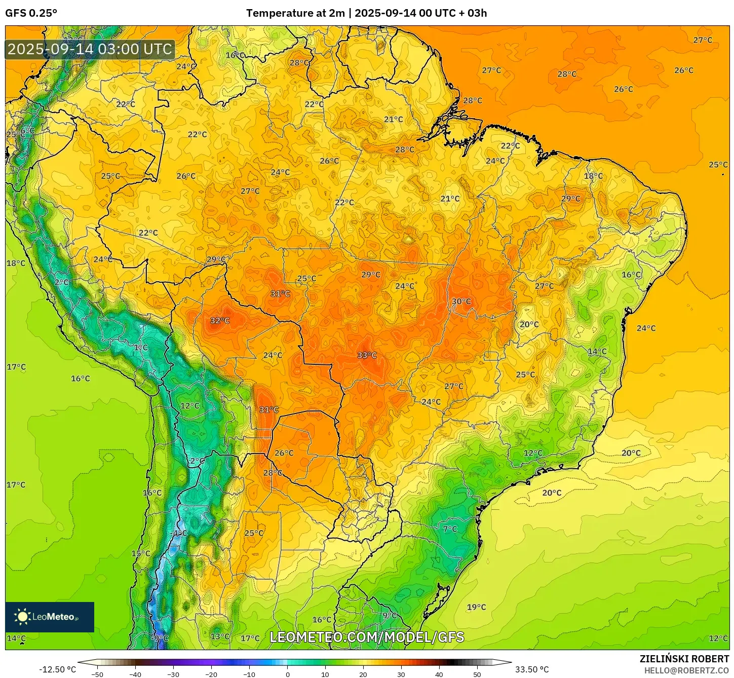 GFS model - Brazil, Temperature at 2m GFS model - Brazil, Temperature at 2m